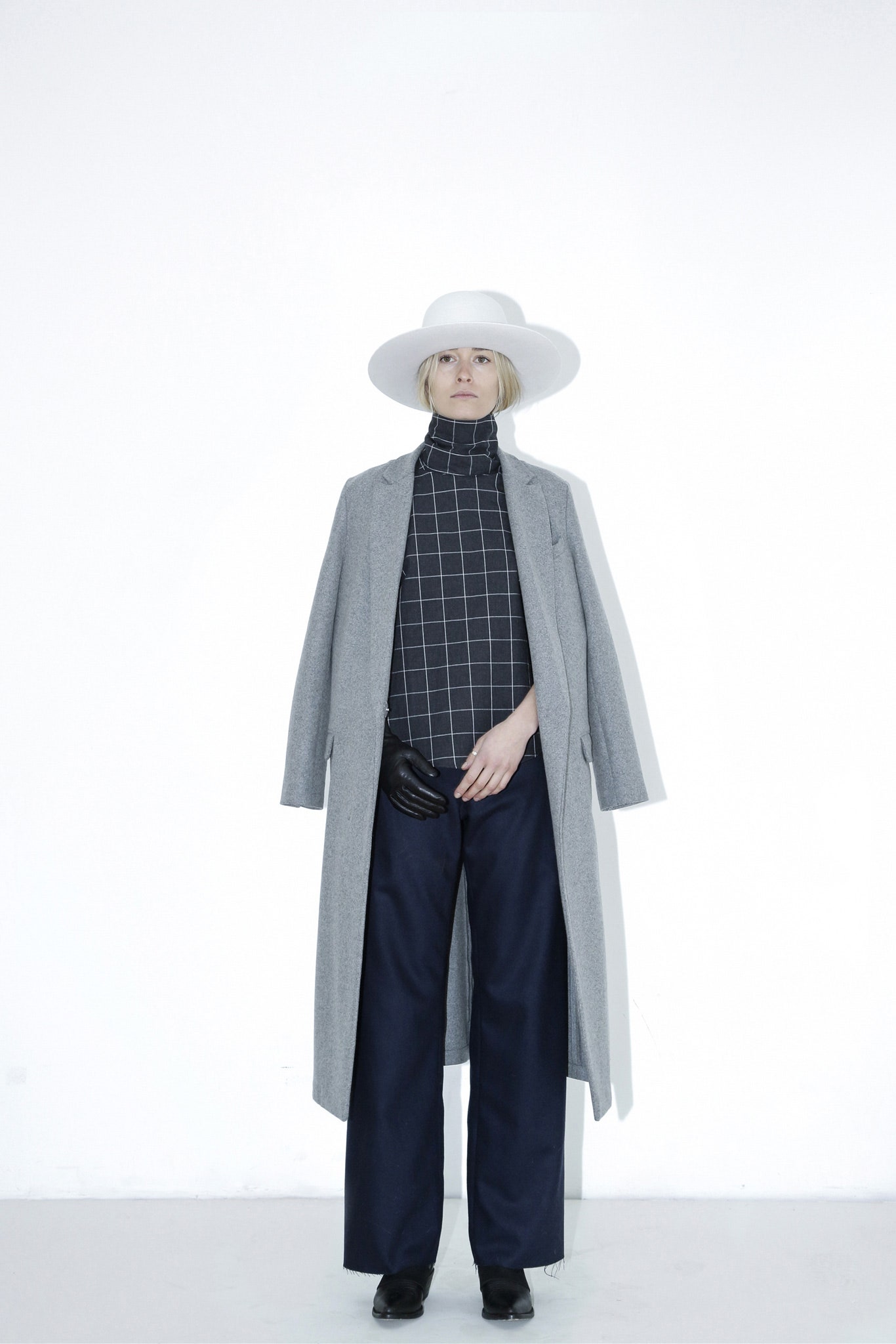 gray wool coat with checked top