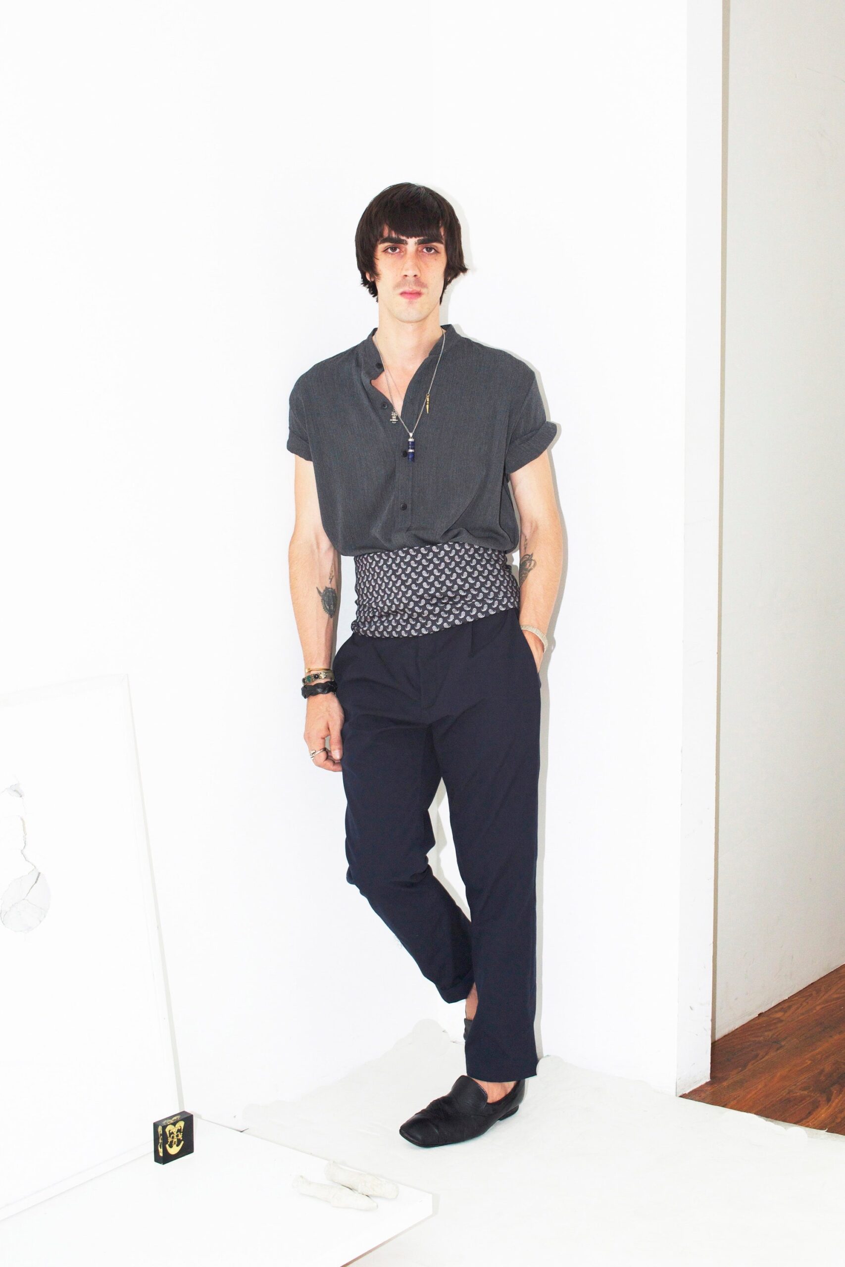 blue cotton tailored straight-leg pants