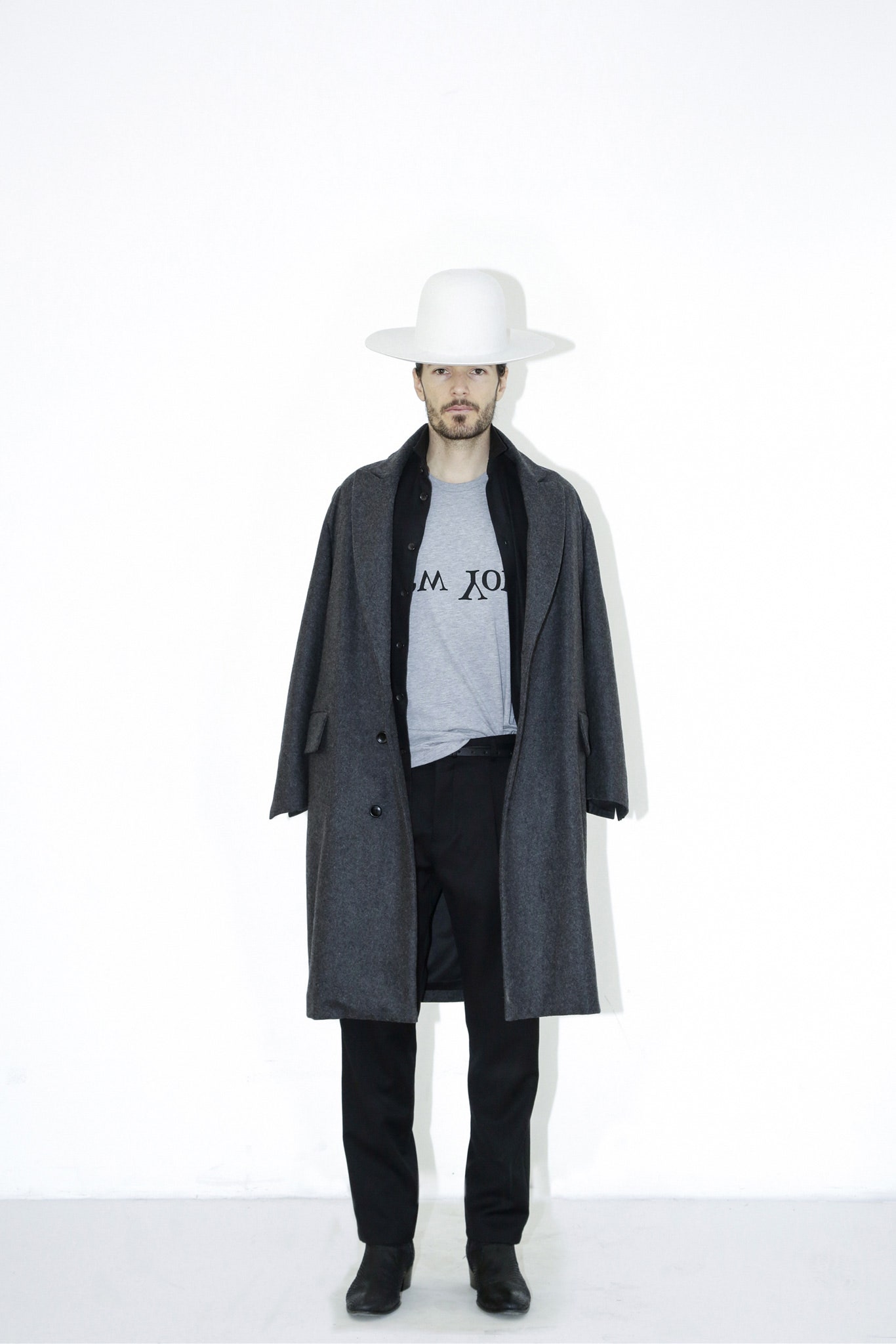 gray wool coat with t-shirt