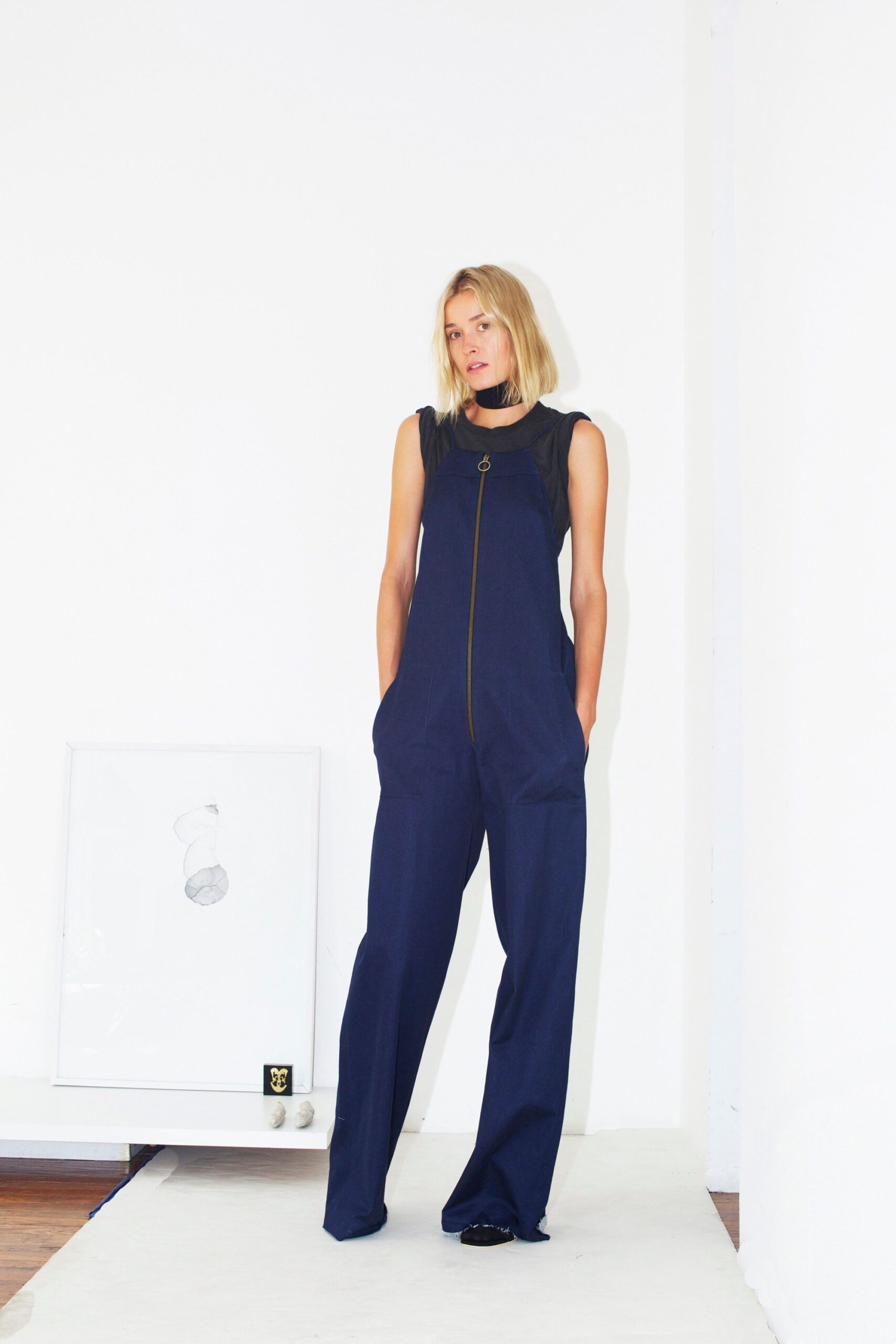 blue cotton sleeveless jumpsuit