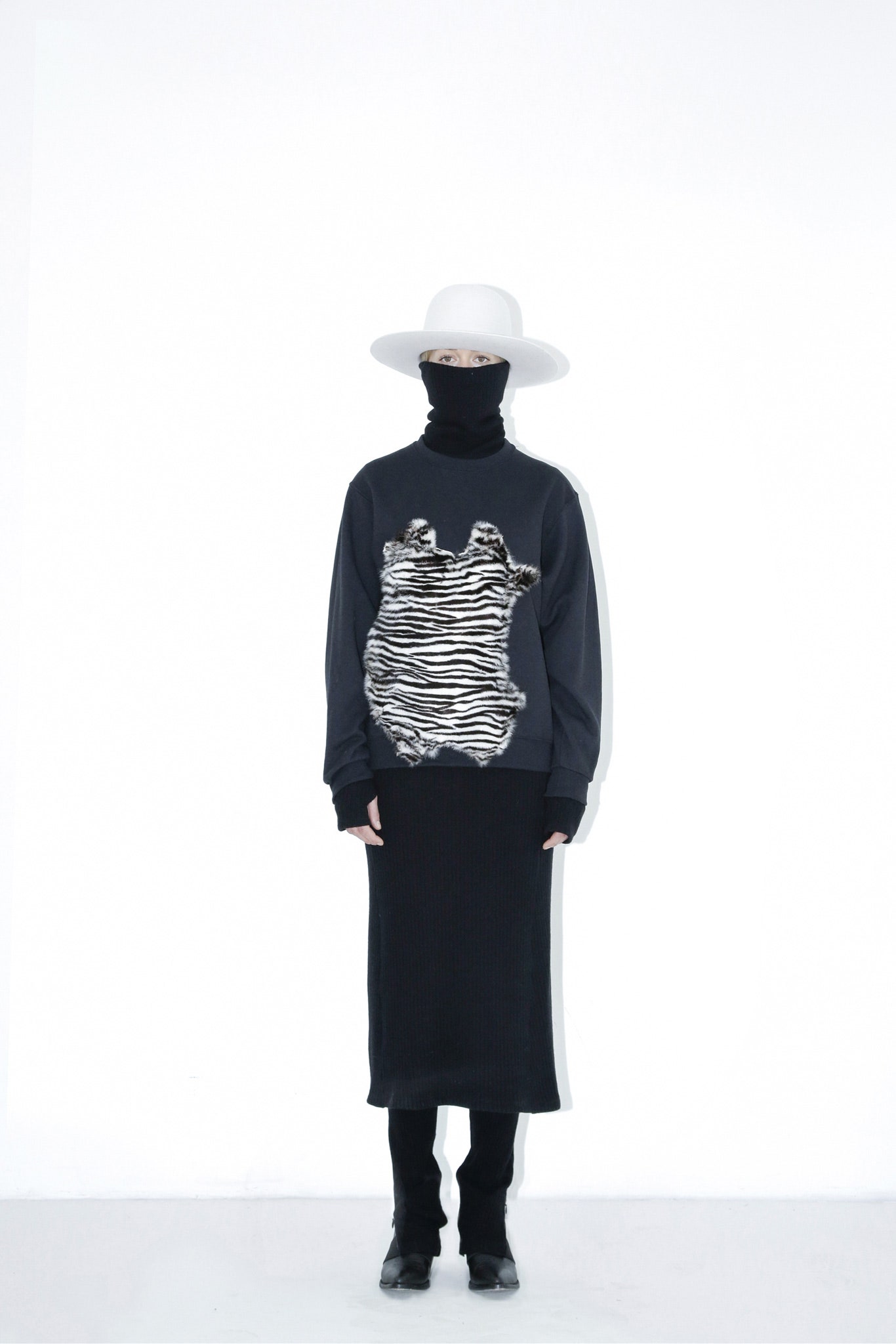 black gray embroidered sweater with midi skirt