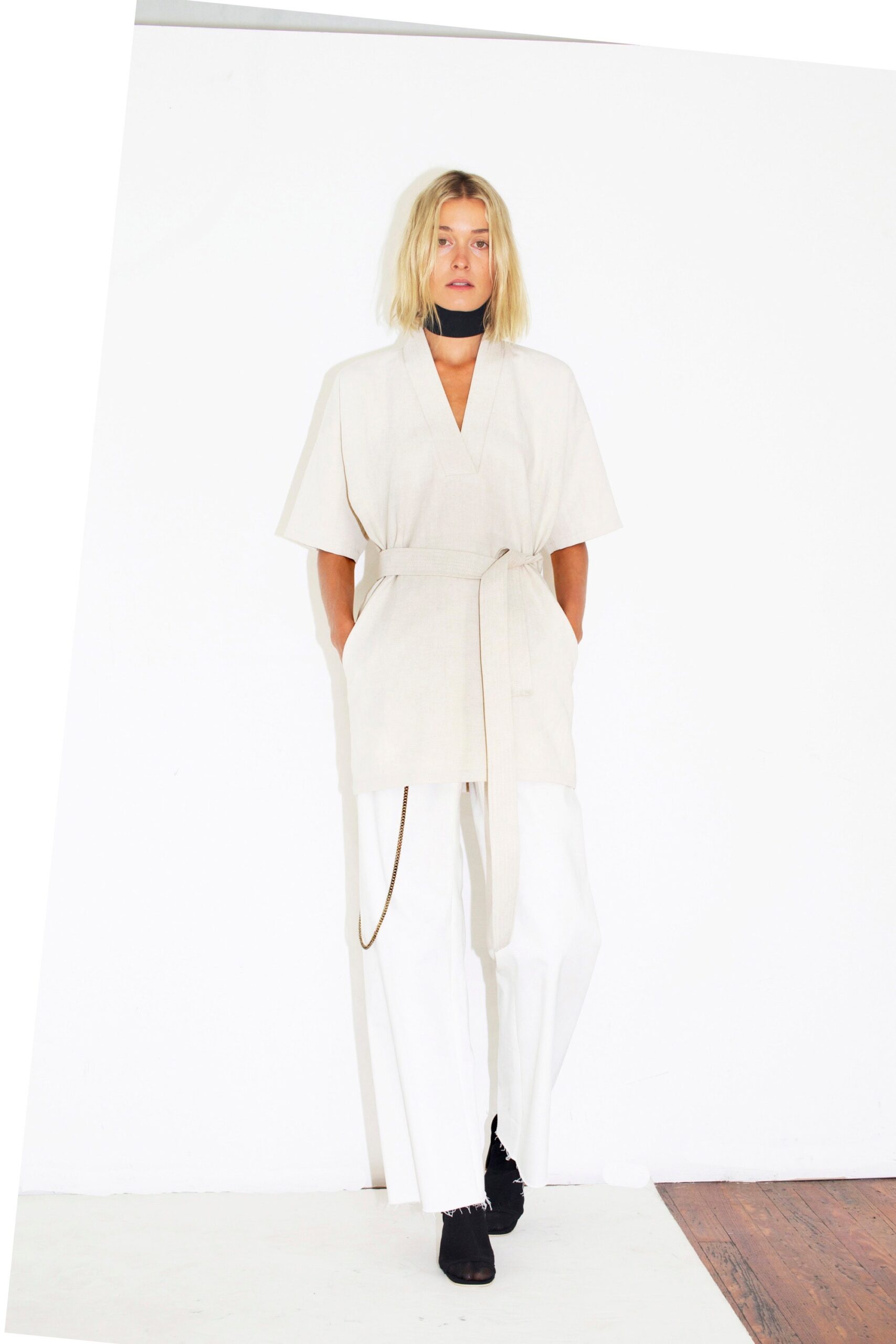 beige cotton short-sleeve collared relaxed belted top
