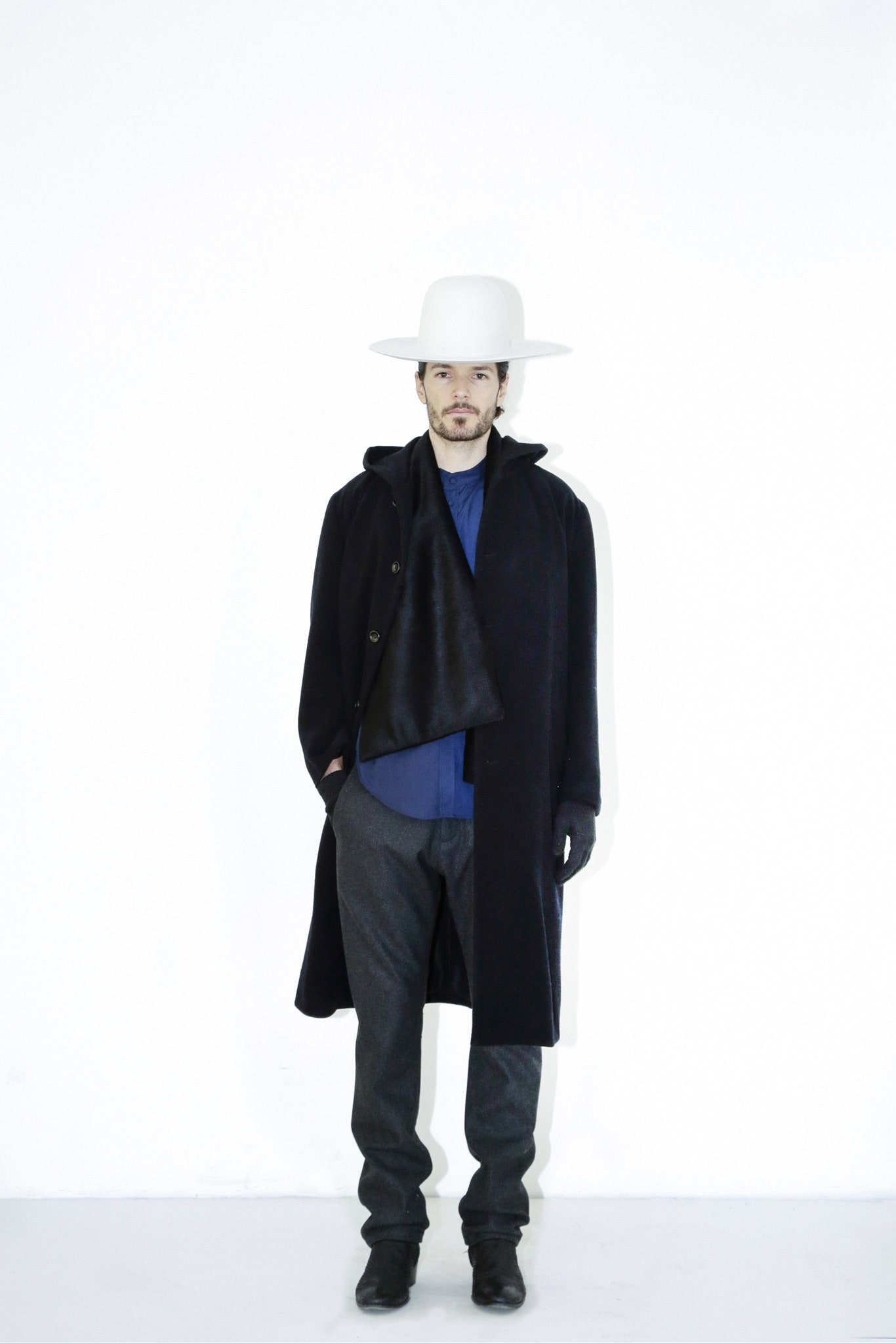 black coat with blue shirt