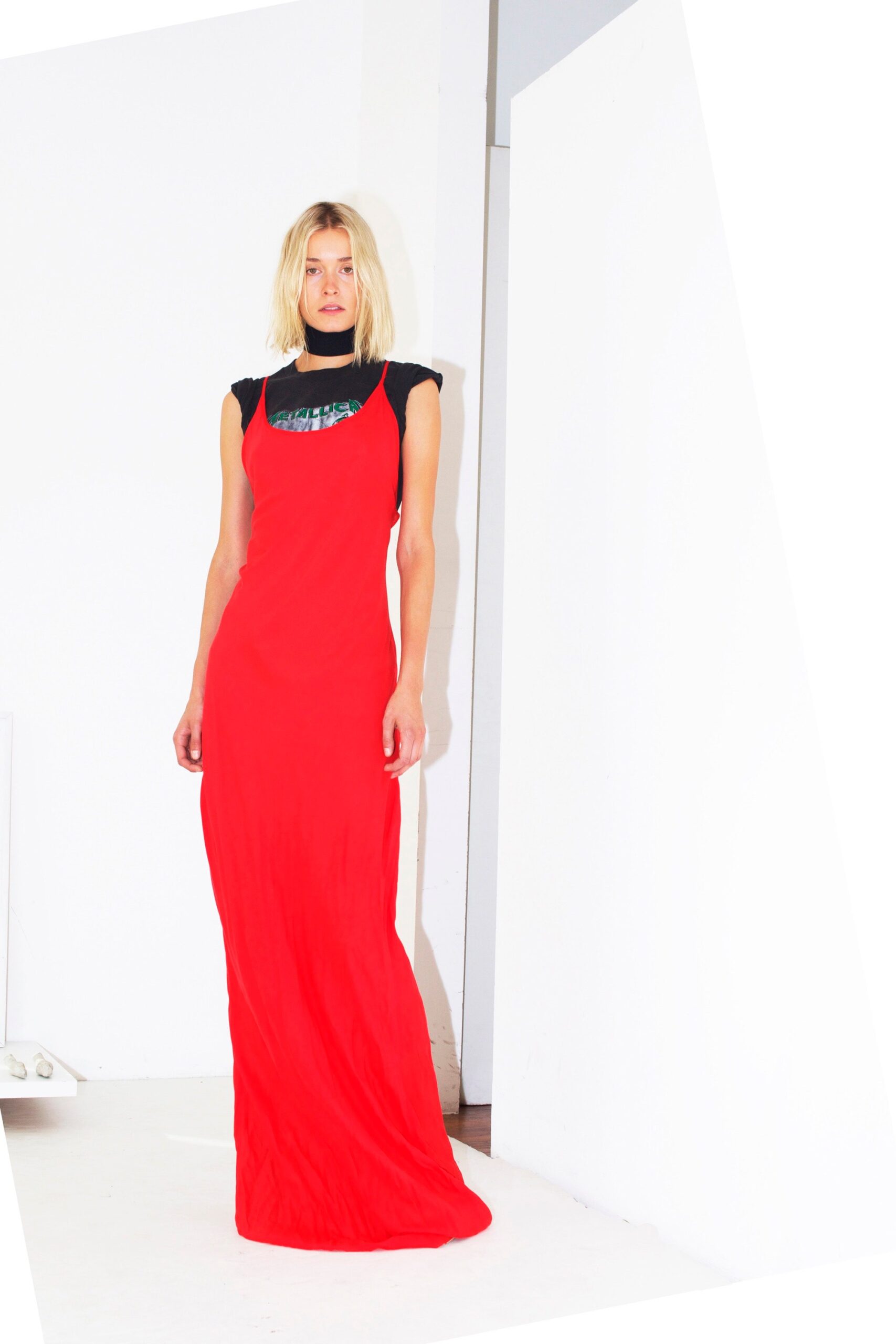 fitted red silk maxi dress
