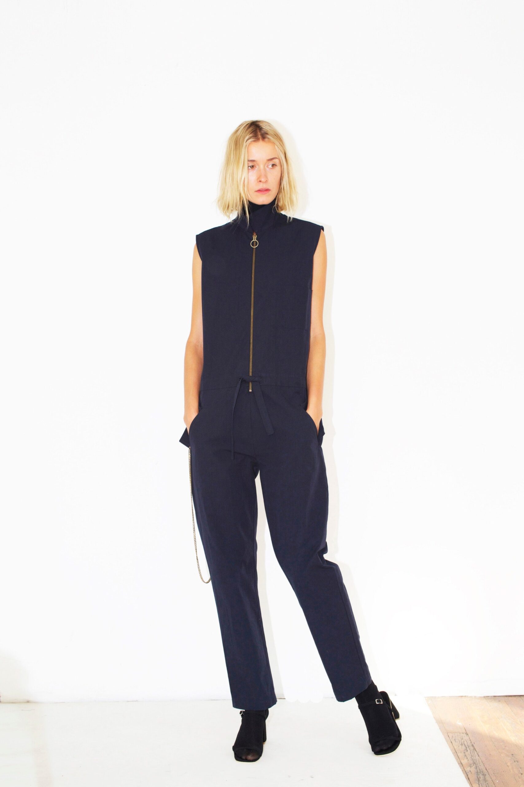 fitted navy sleeveless jumpsuit