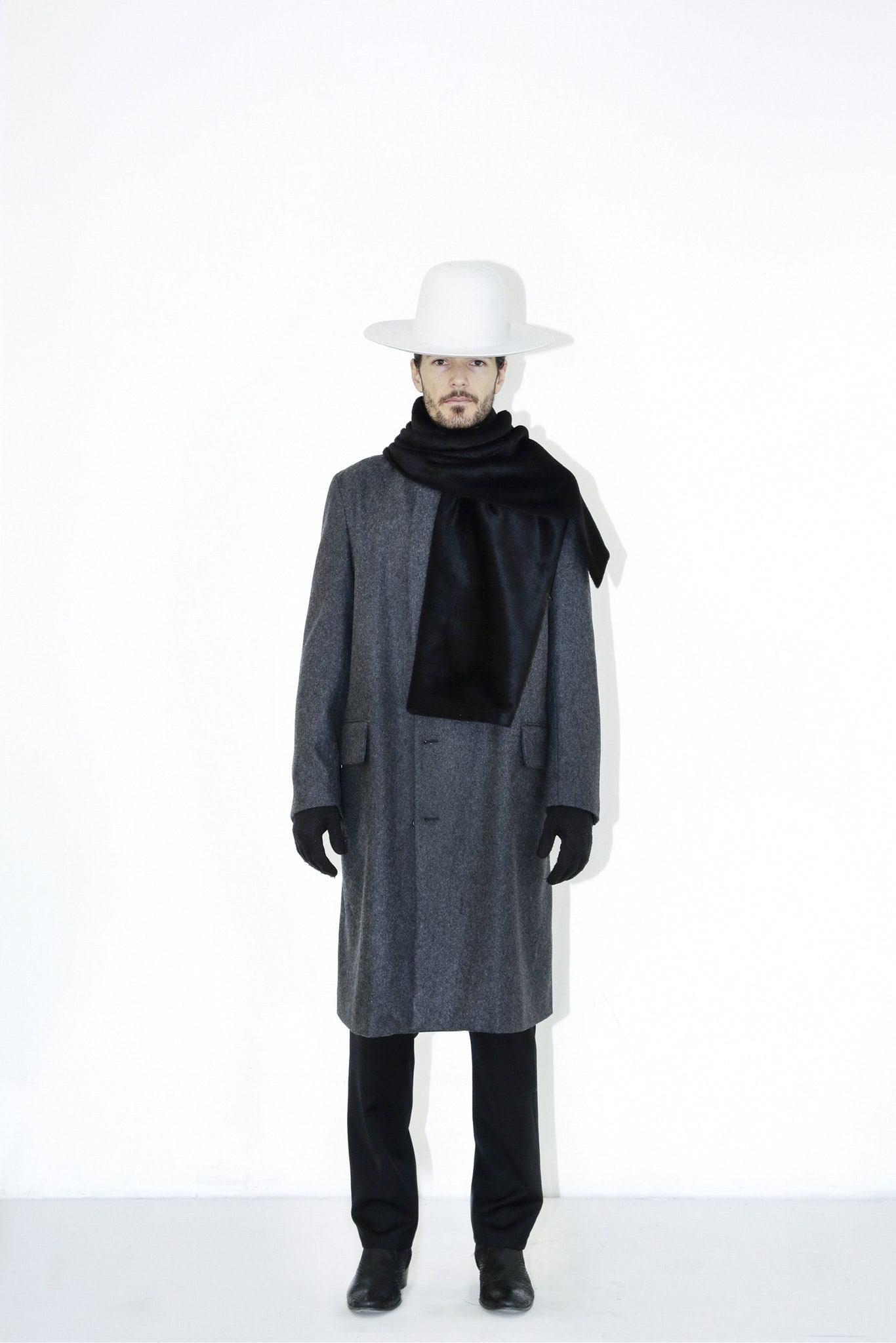 gray wool coat with black accessories