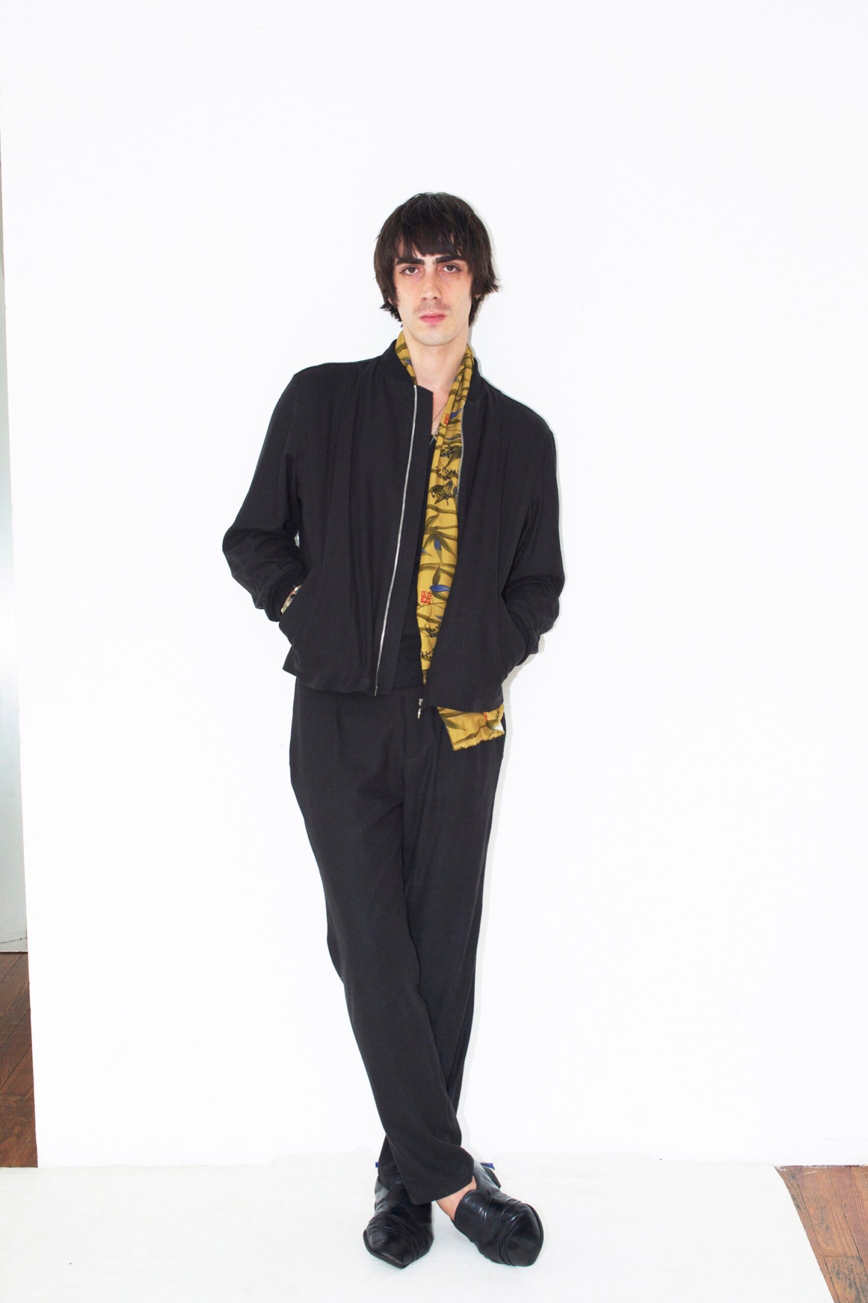 black relaxed jacket with printed shirt