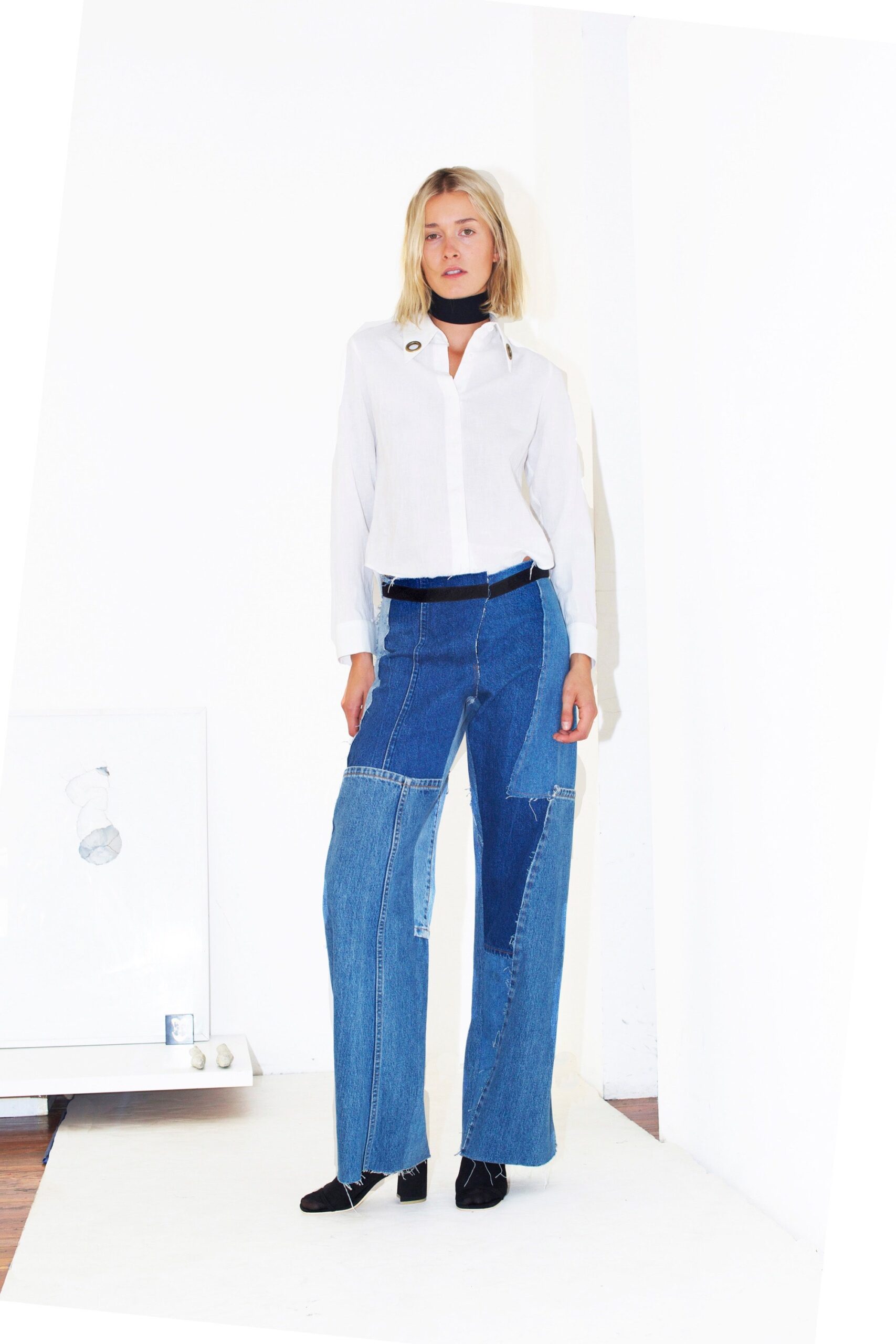 blue denim relaxed patchwork pants