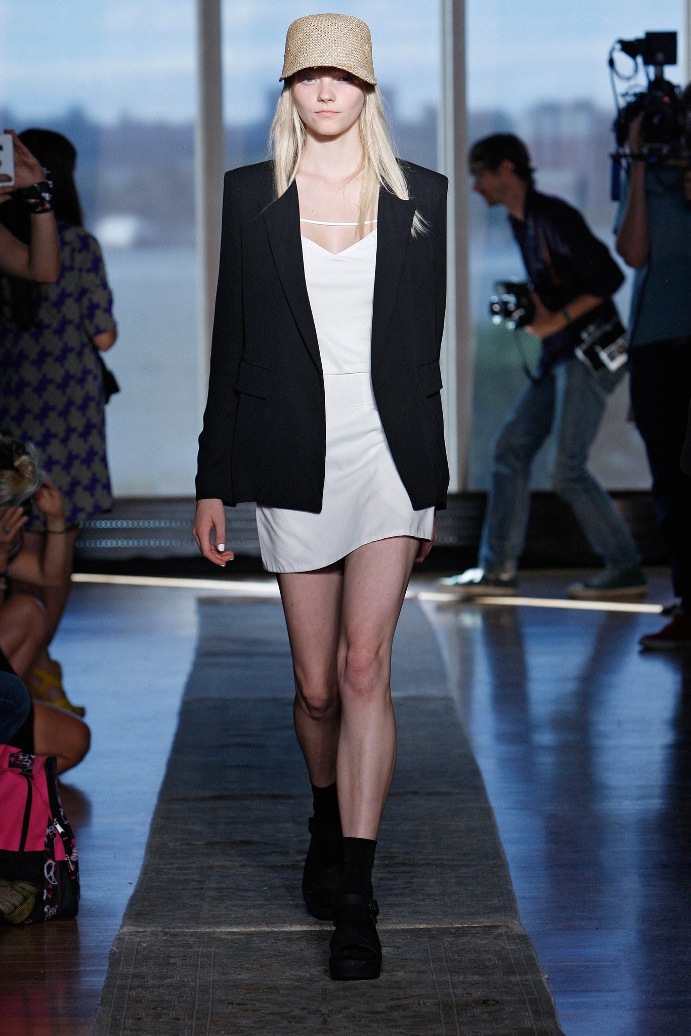 black blazer white mini dress