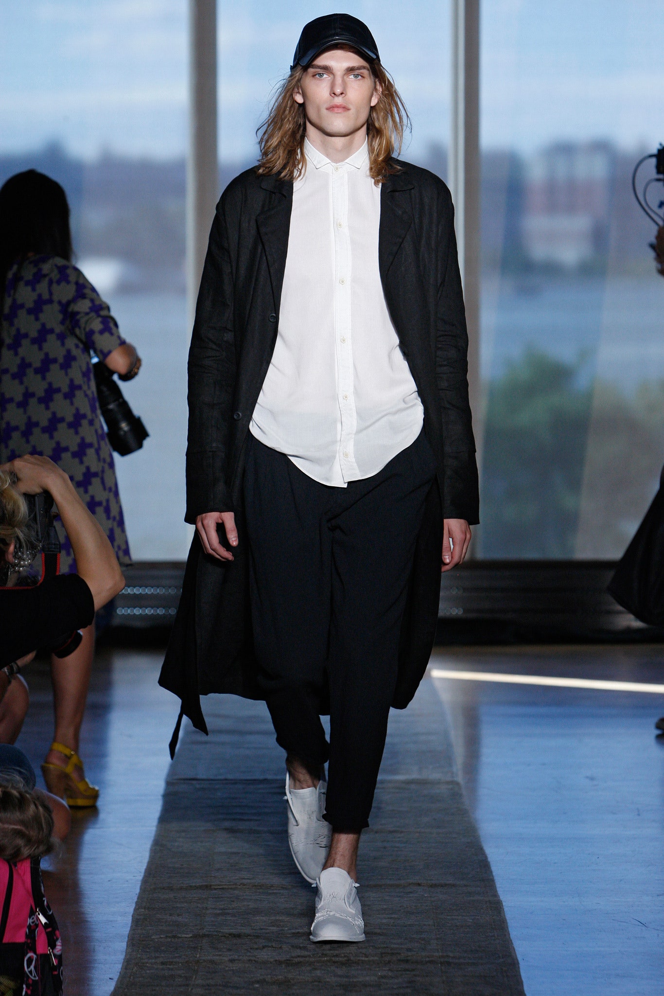 black coat white shirt relaxed pants