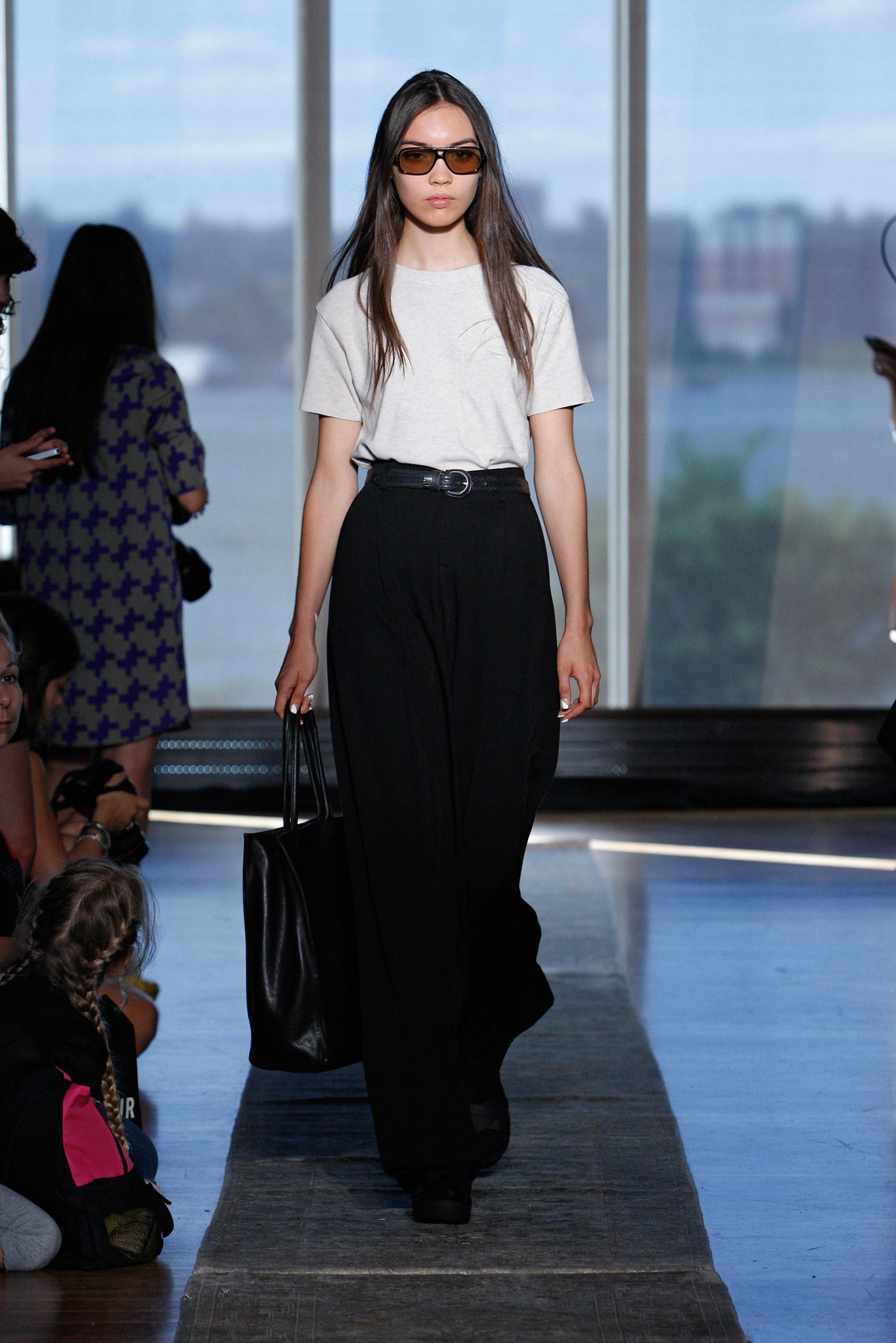 white t-shirt black wide-leg pants