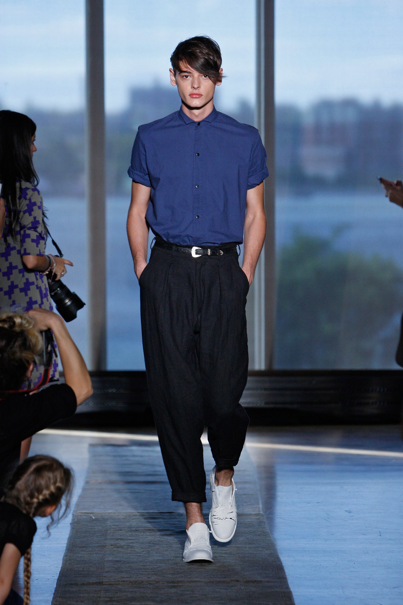 blue fitted shirt with relaxed pants