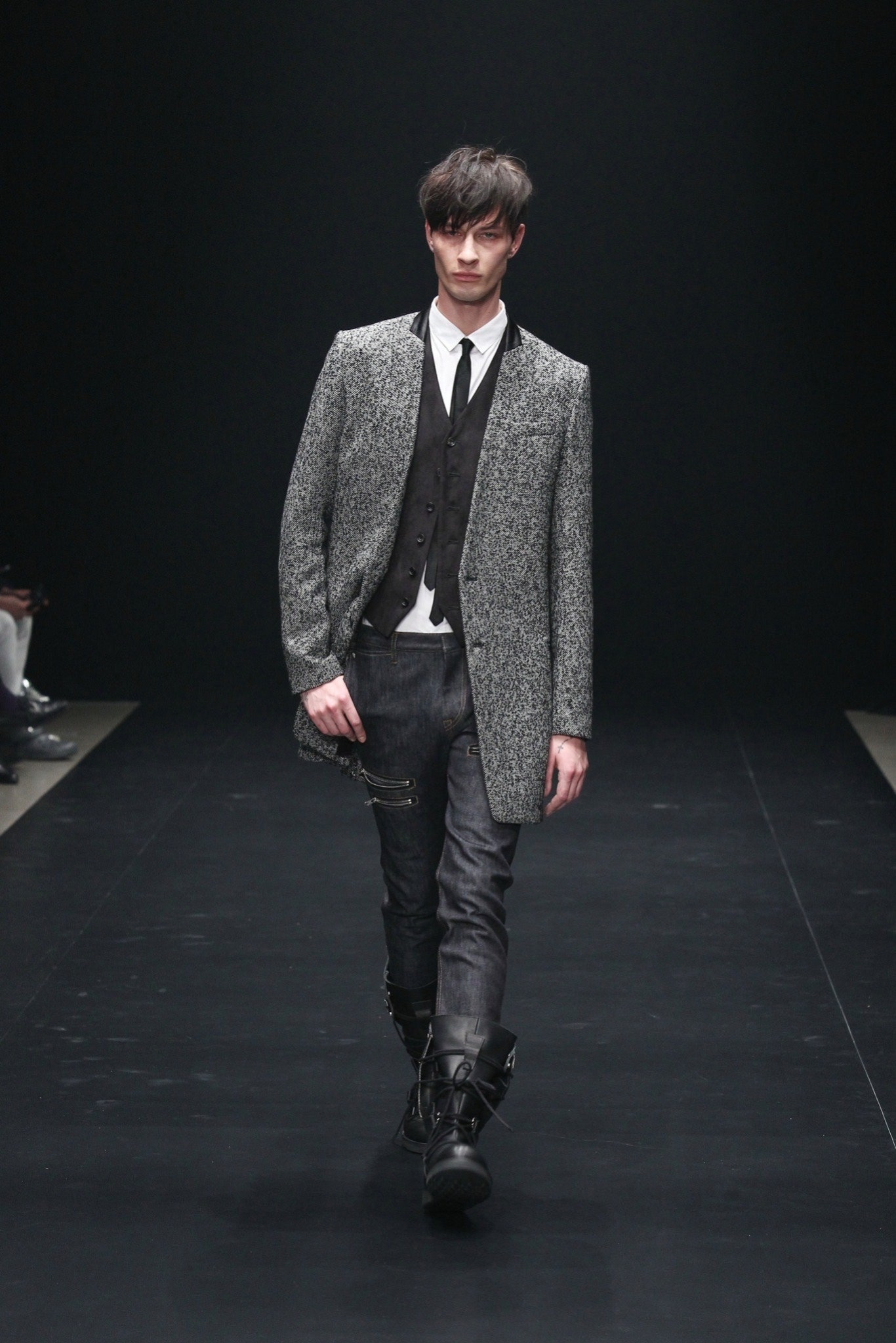 gray wool tailored coat with black vest