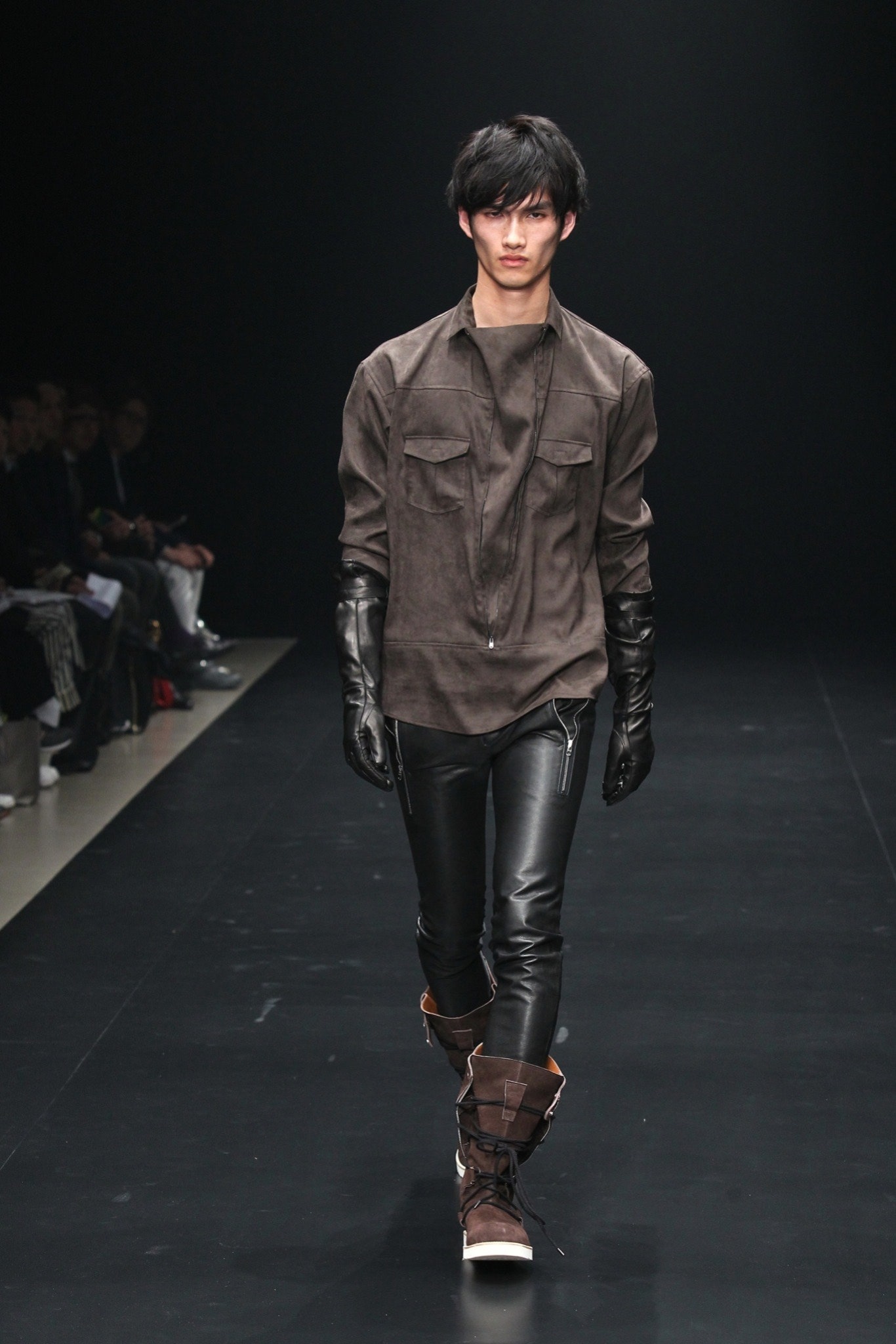 brown suede long-sleeve collared fitted zippered shirt