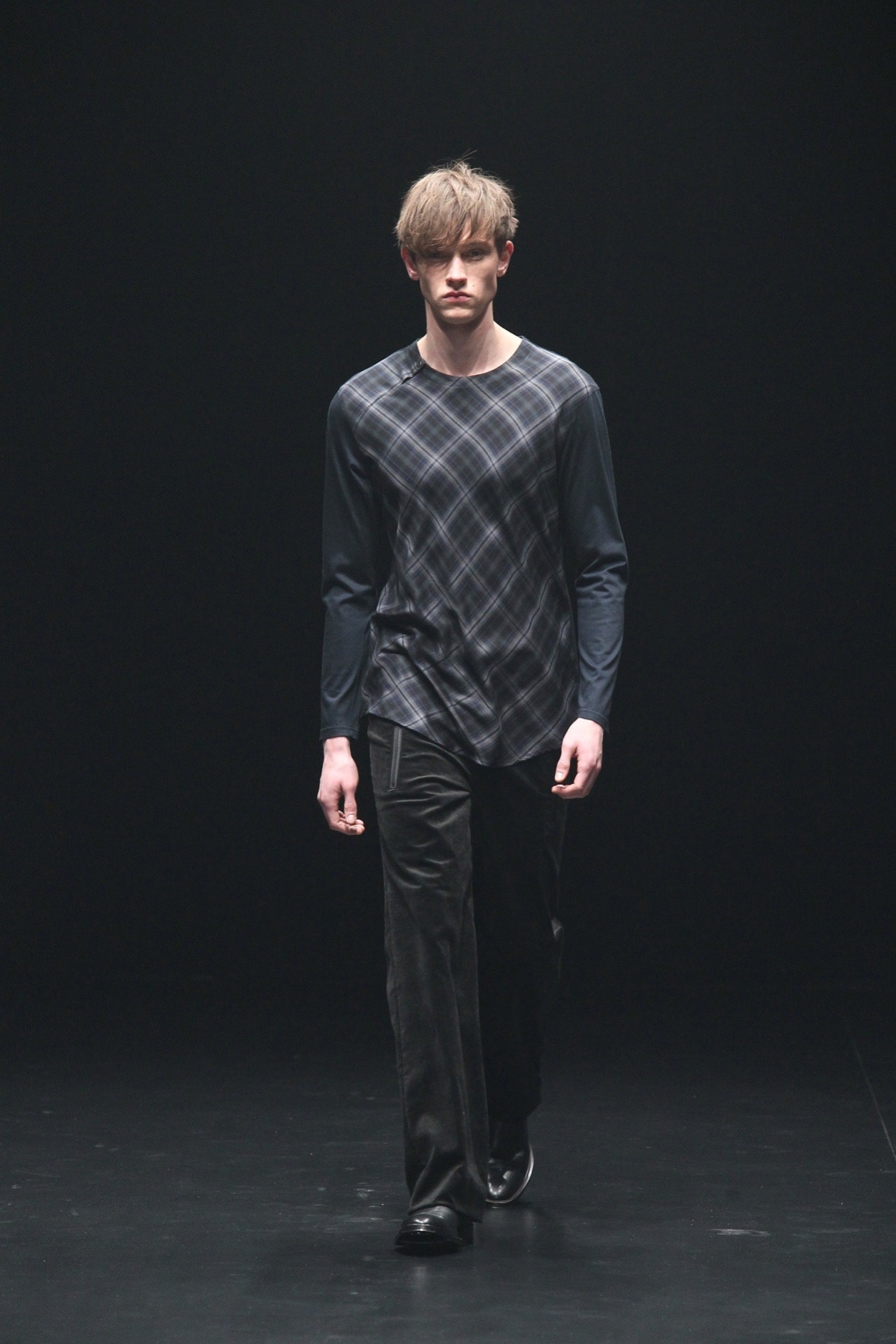 black velvet pants and checked shirt