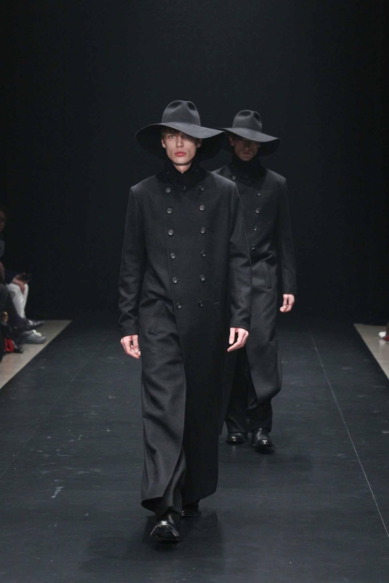 black wool long-sleeve collared fitted straight-leg buttoned coat