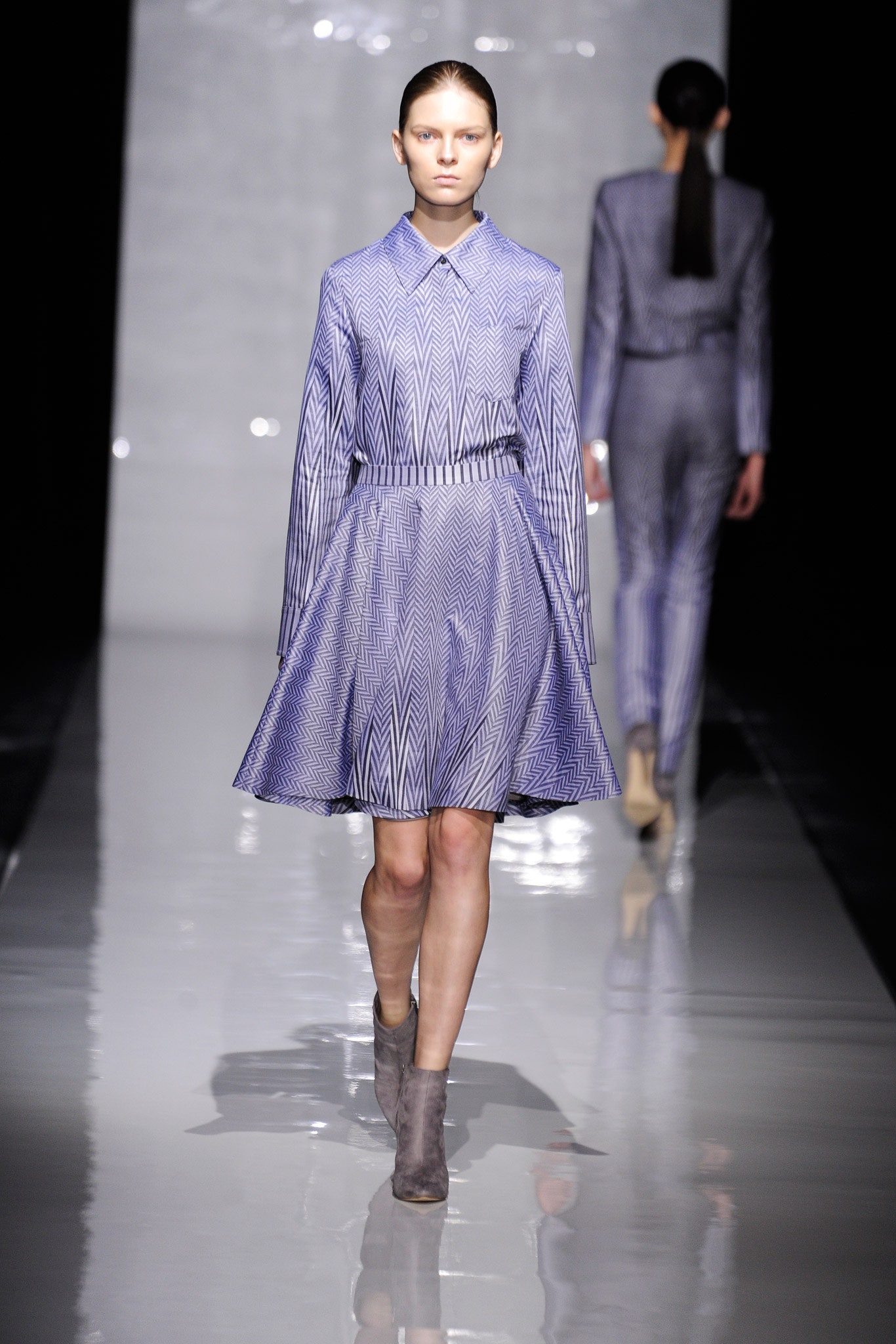 blue printed long-sleeve dress
