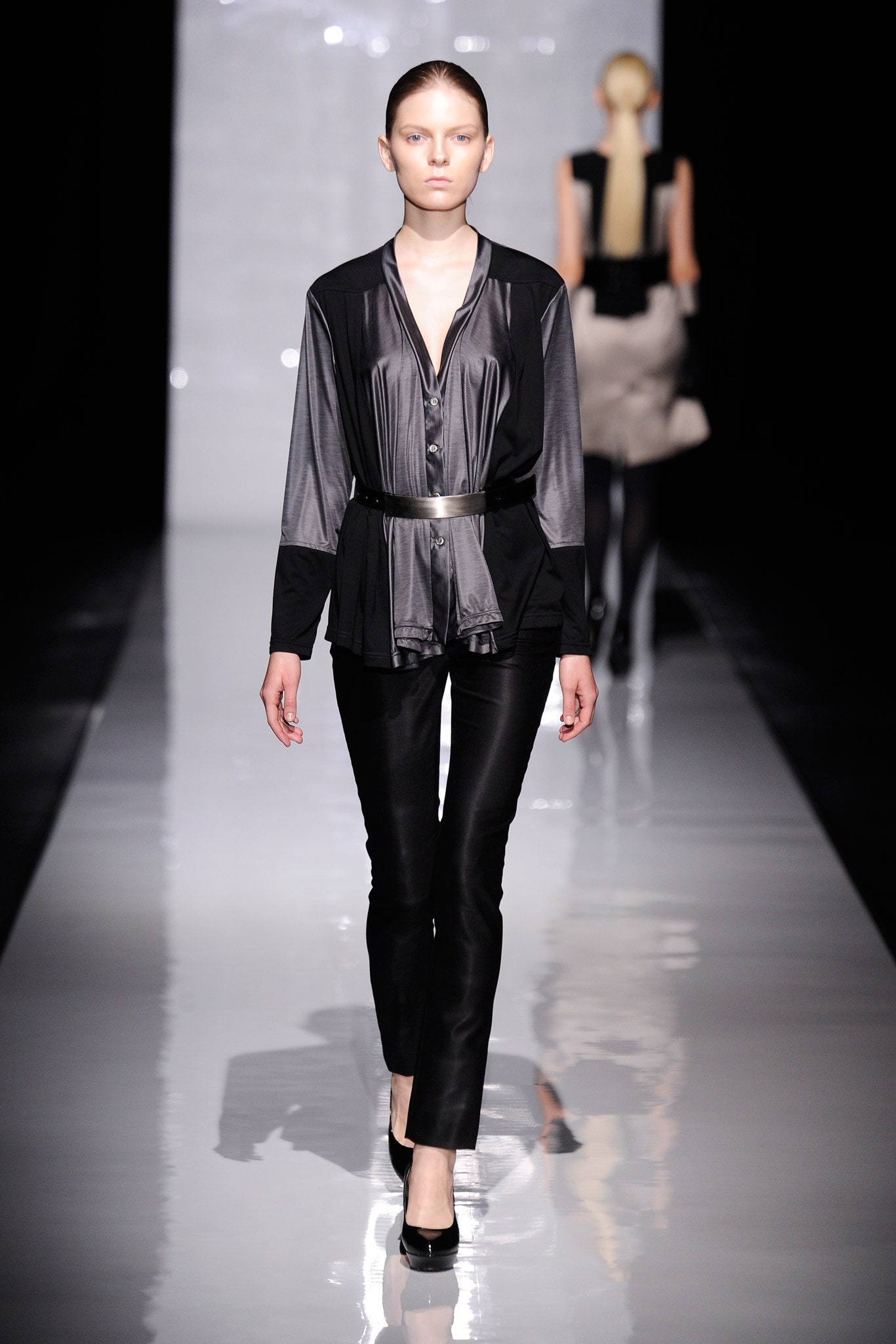 fitted black silk shirt and pants