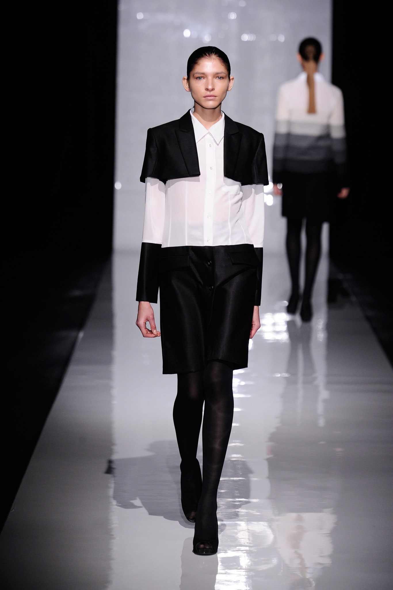 white silk long-sleeve collared fitted buttoned blouse