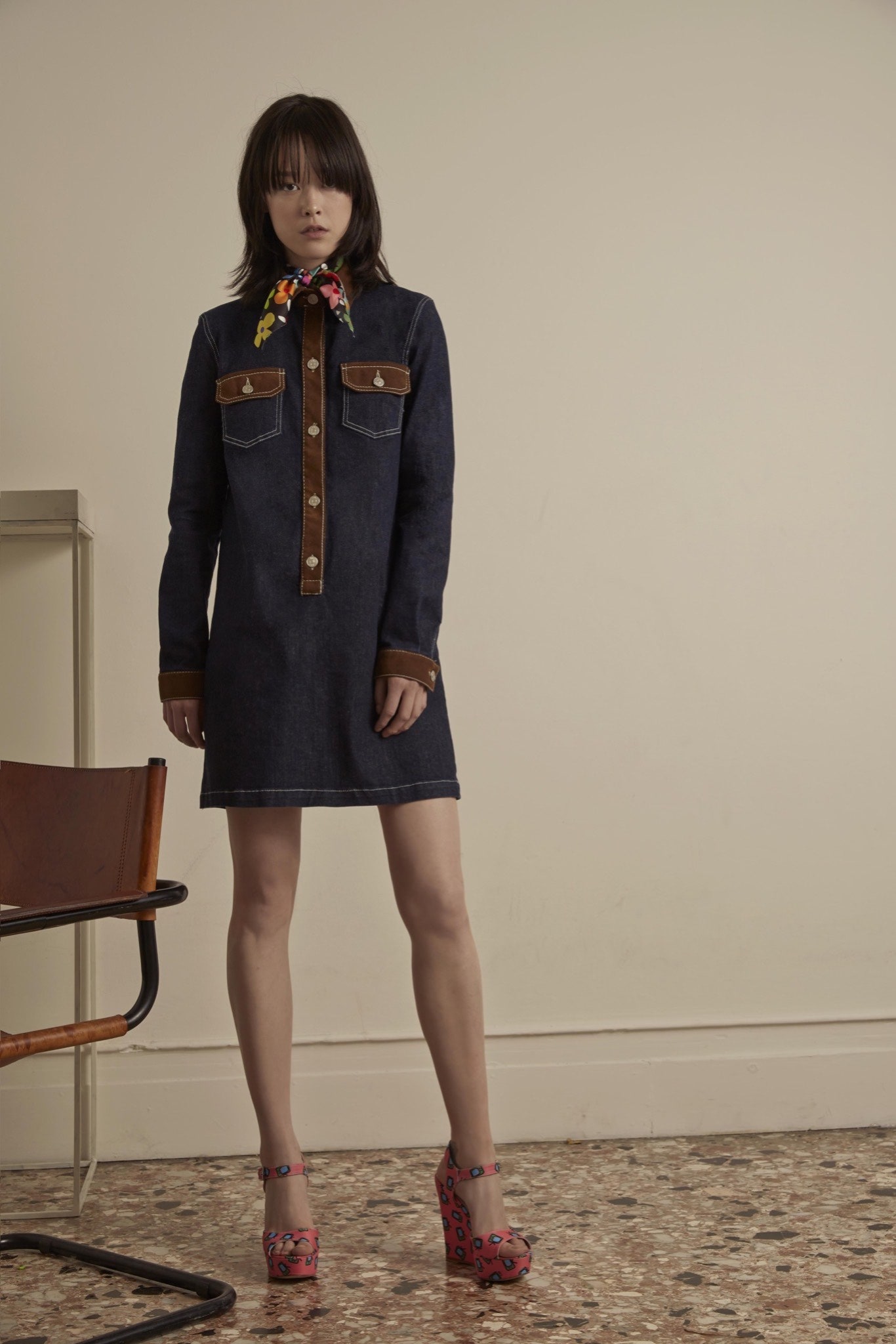 blue denim long-sleeve collared fitted buttoned pockets dress