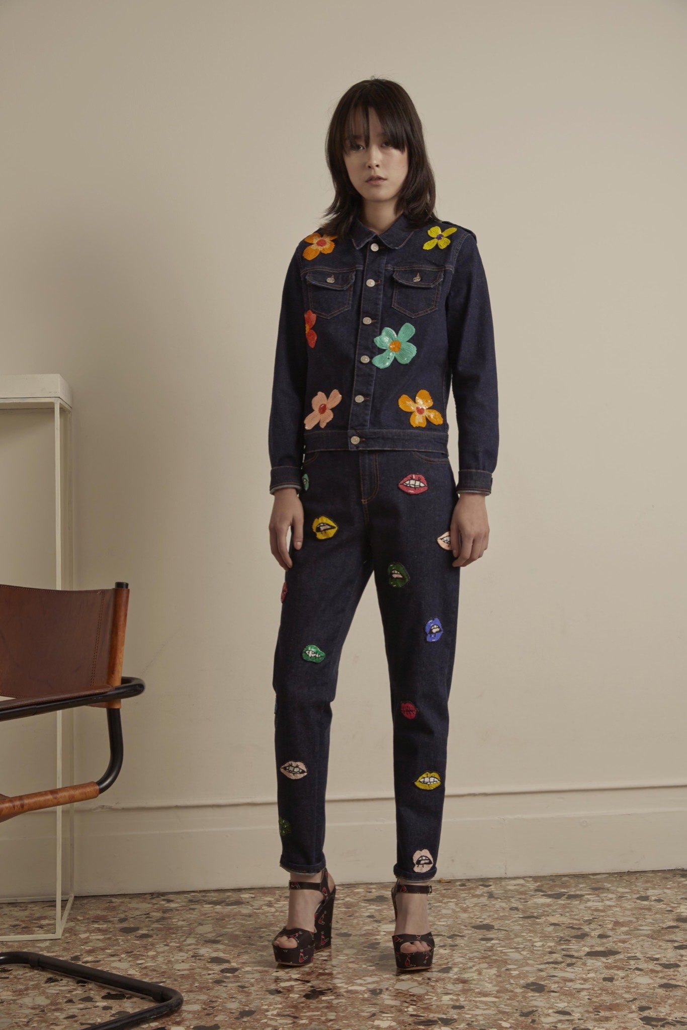 blue denim long-sleeve collared fitted embroidered jacket