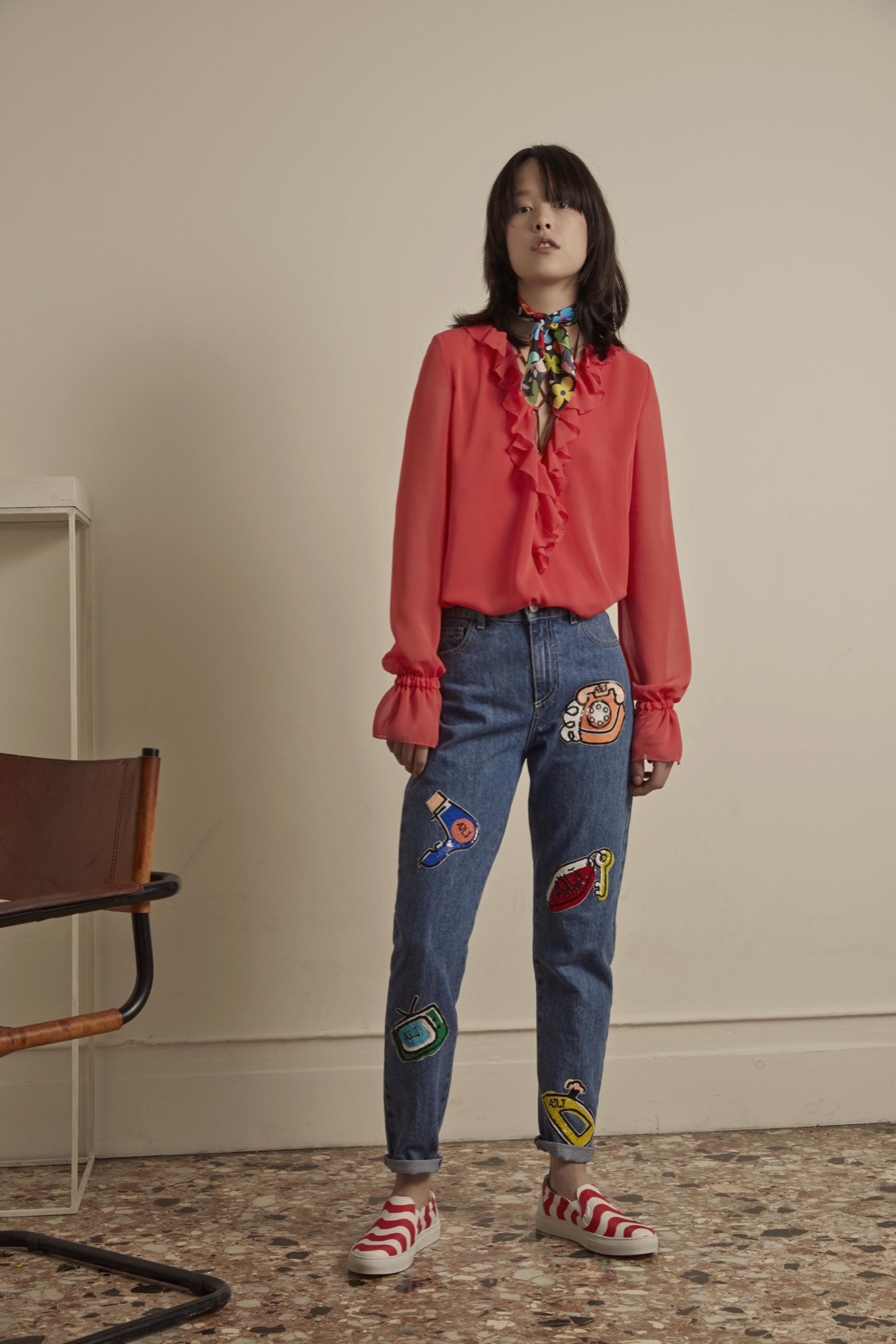 red silk long-sleeve collared fitted ruffled blouse
