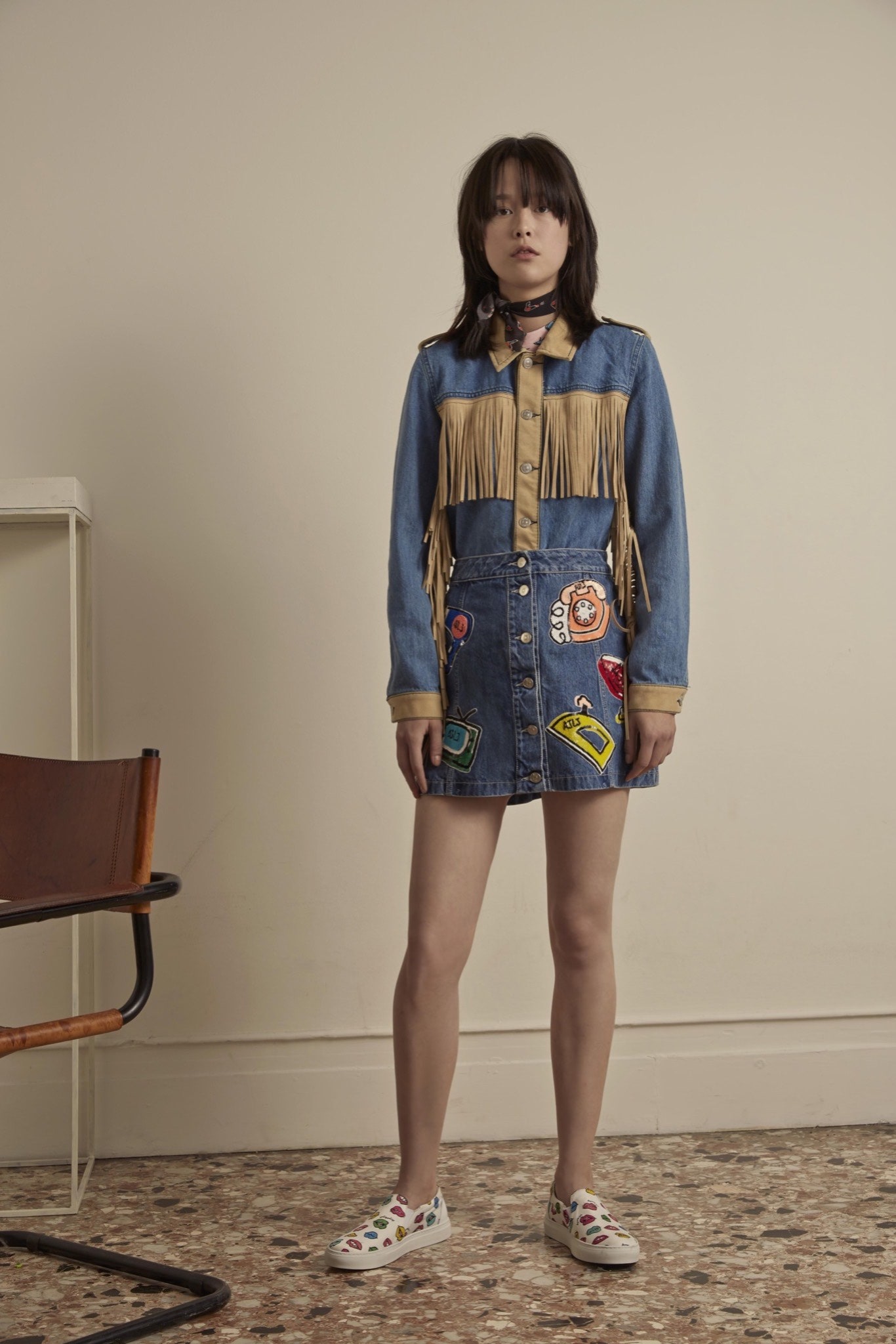 blue denim long-sleeve collared fitted fringed buttoned dress