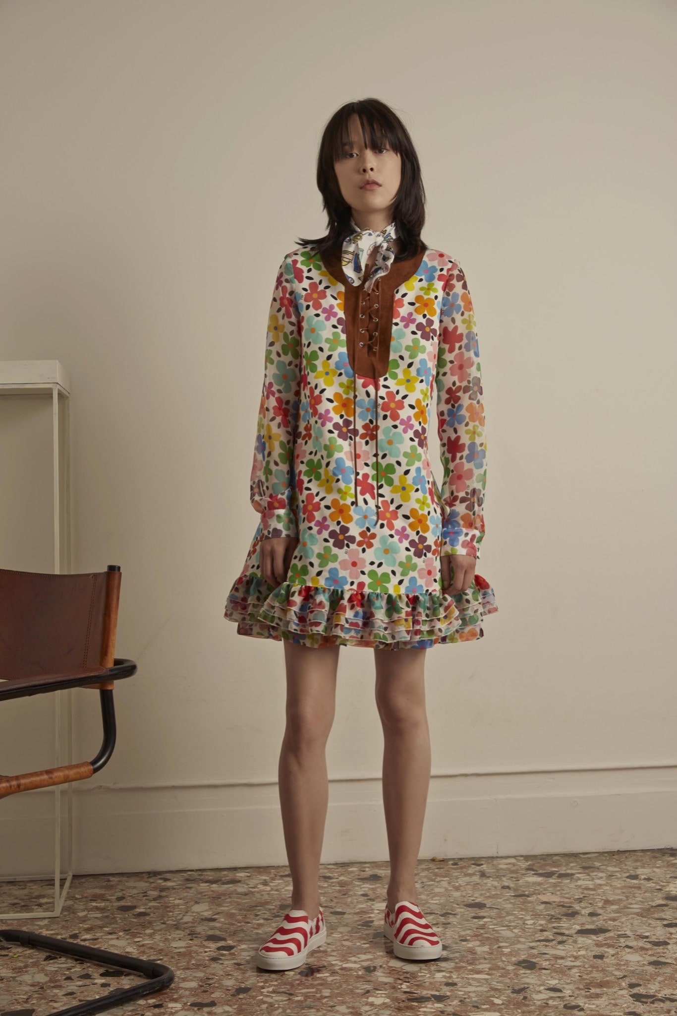 multi-colored ruffled mini dress