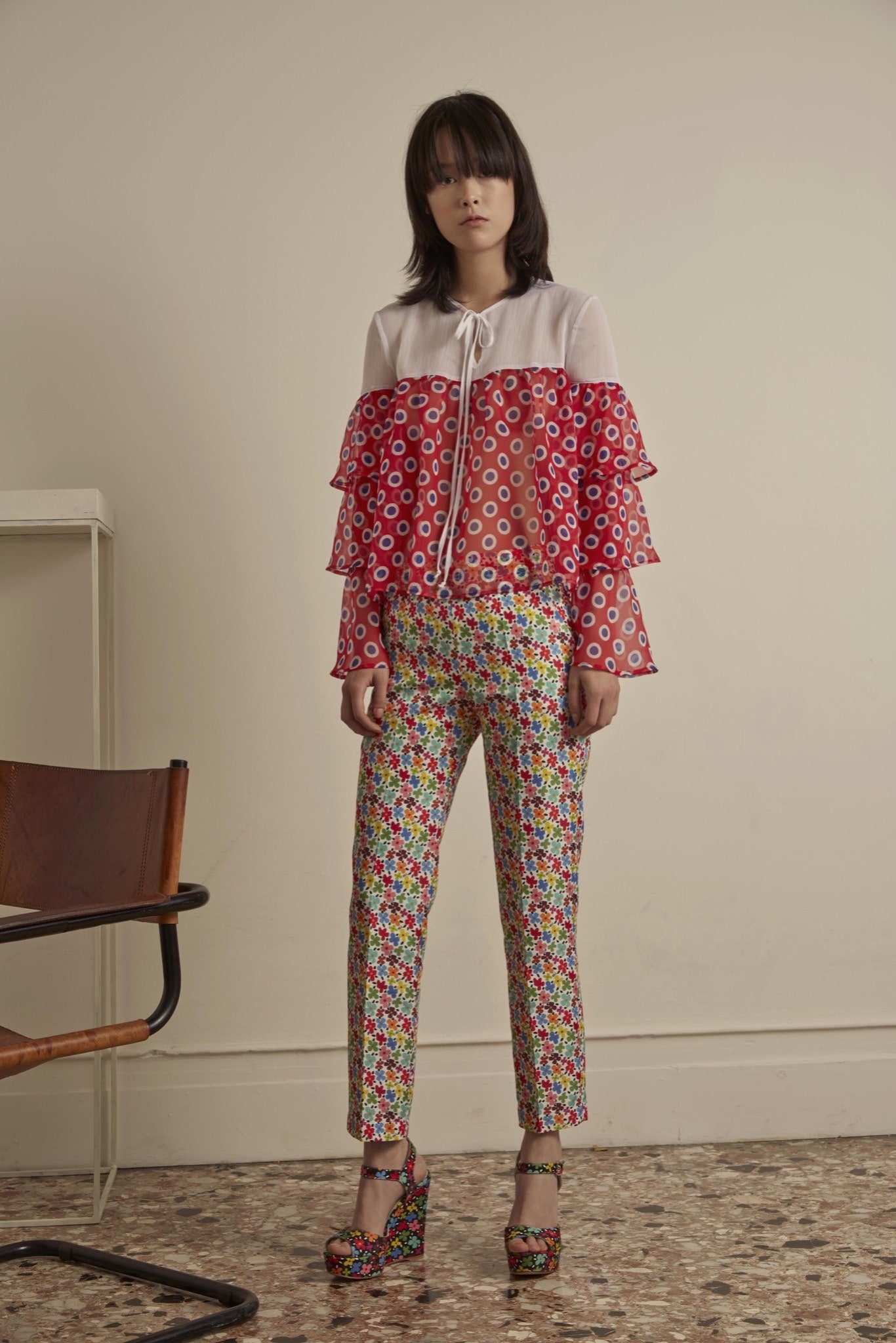 red silk long-sleeve collared relaxed ruffled blouse