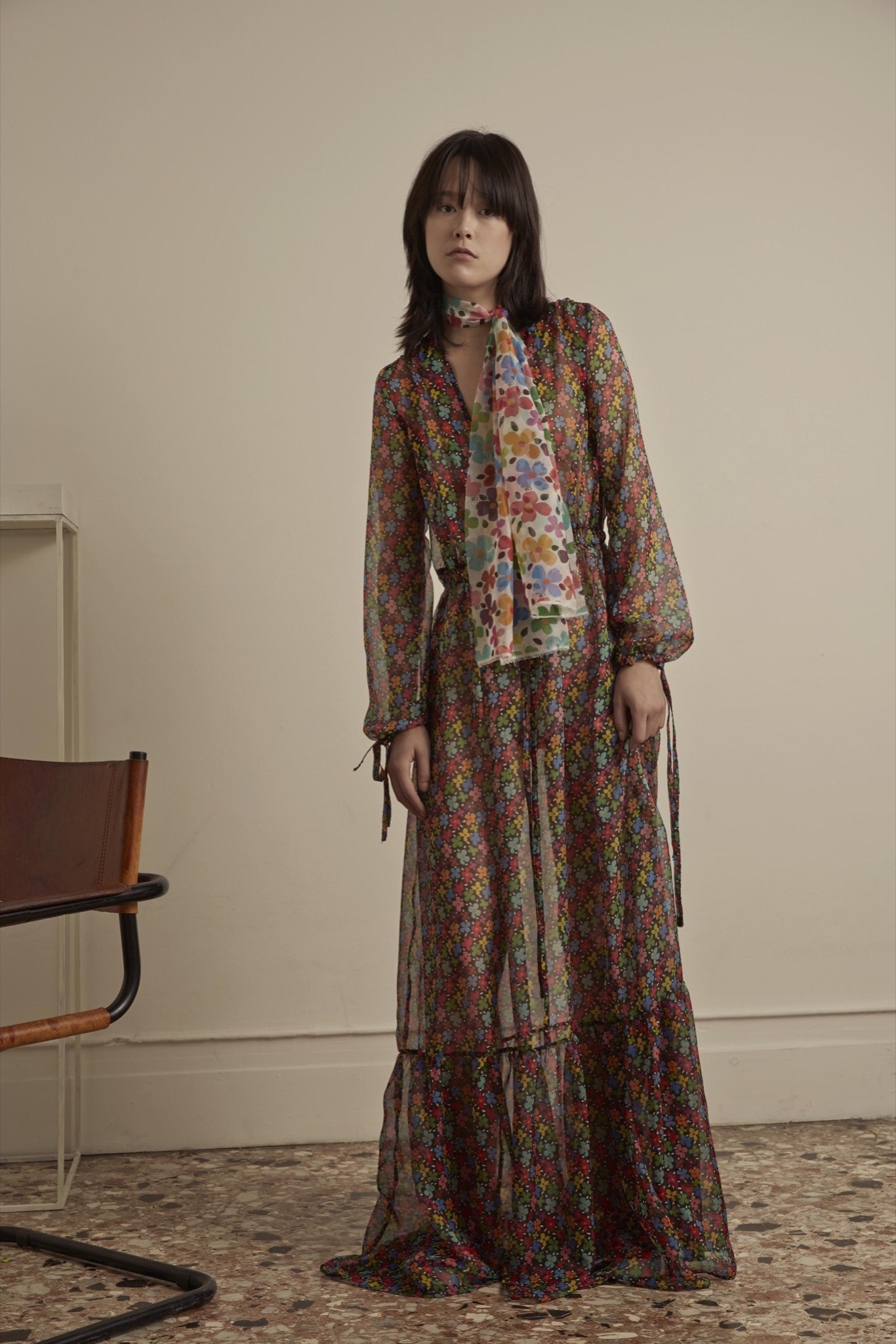 multi chiffon long-sleeve v-neck relaxed flared tiered dress