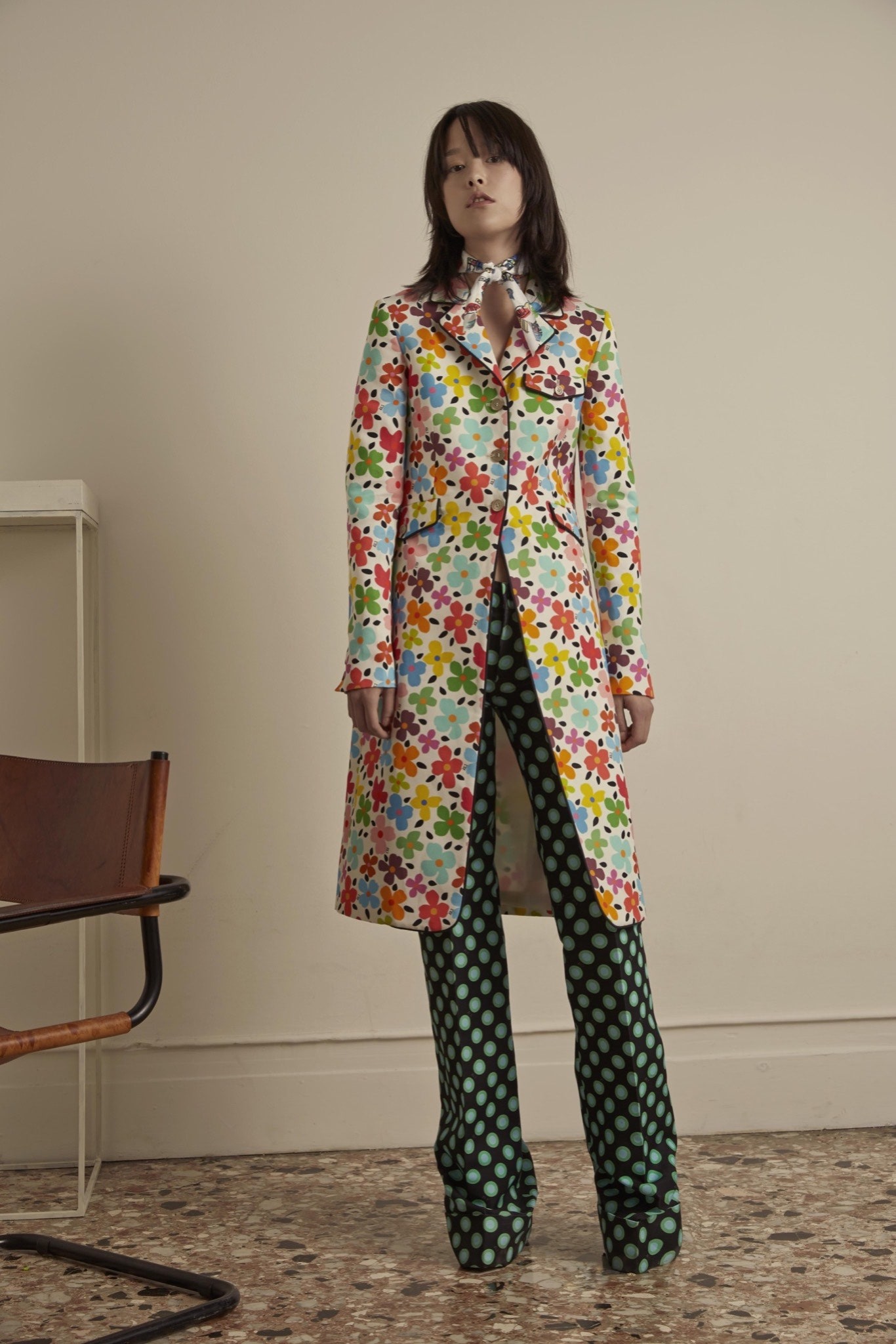 green fitted flared polka-dot pants