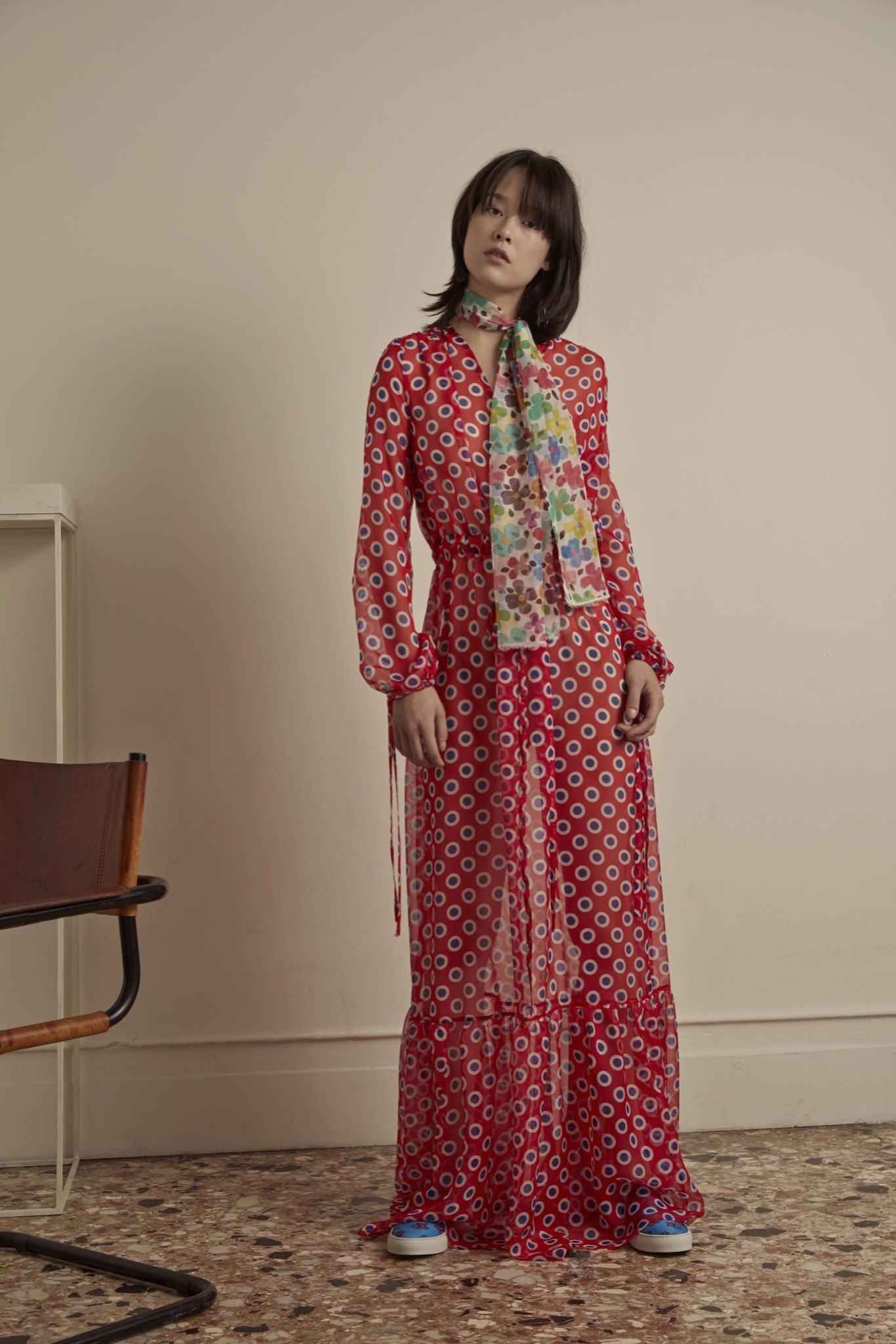 red chiffon long-sleeve collared fitted flared printed dress
