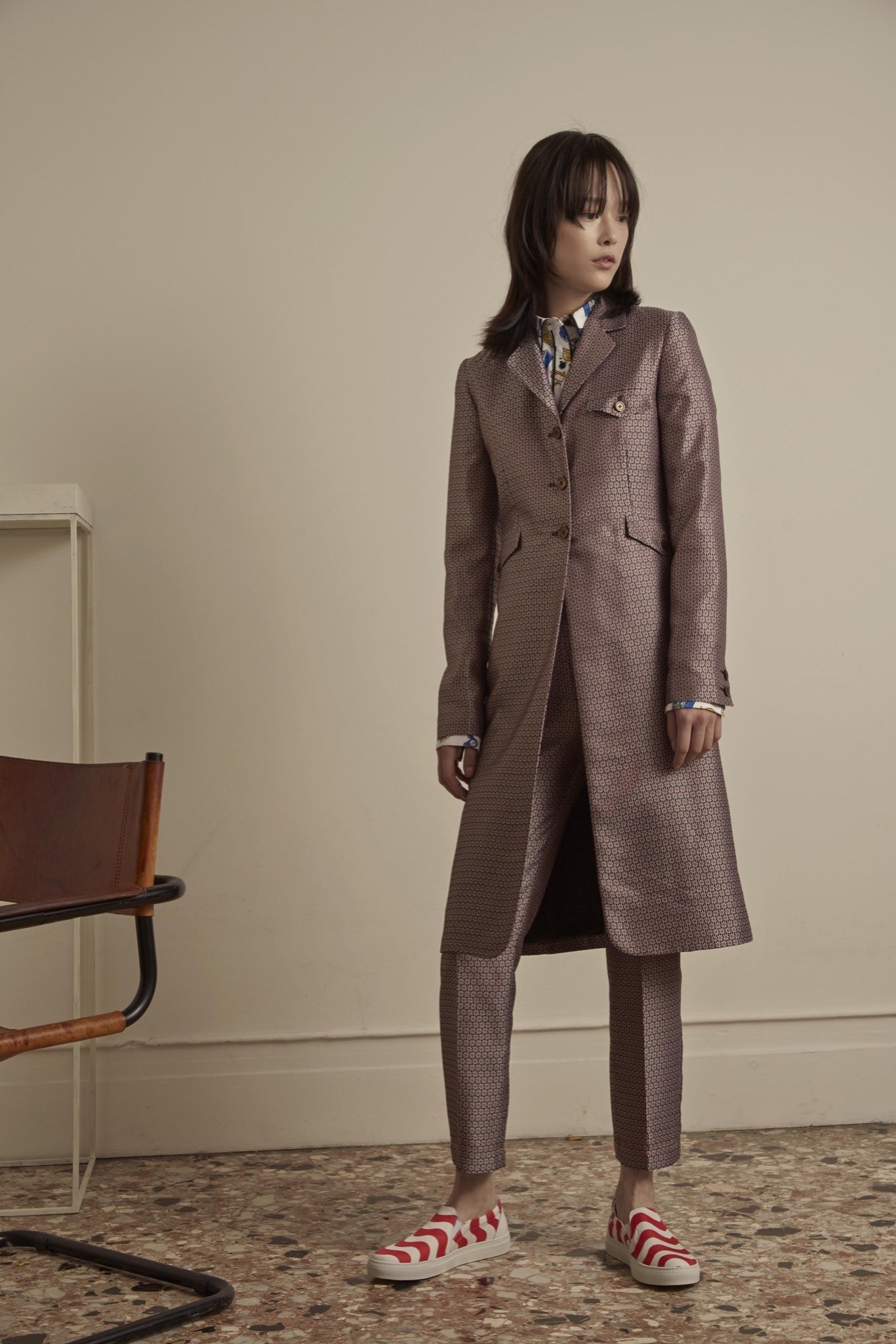 brown cotton long-sleeve collared tailored checked buttoned suit