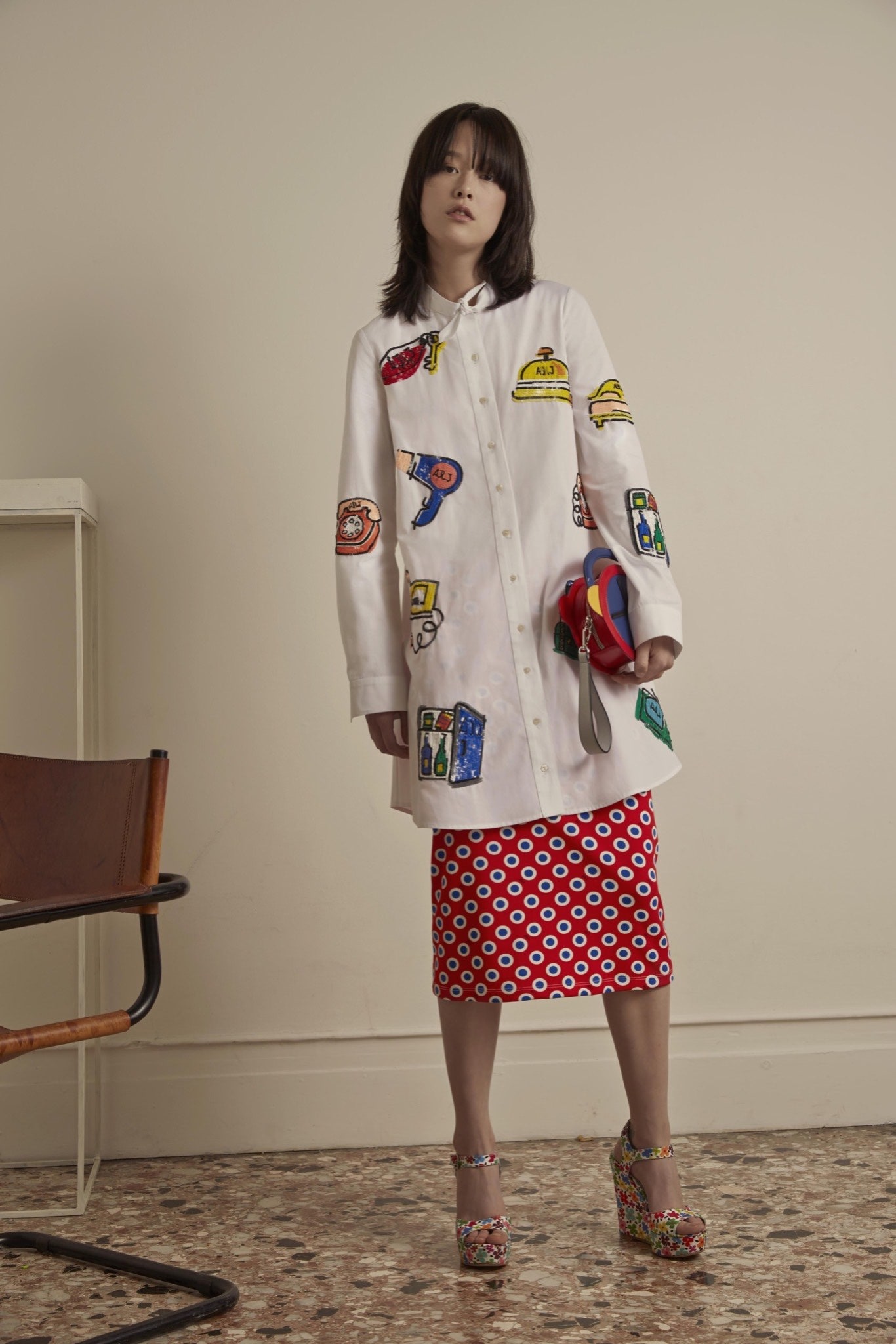 white cotton long-sleeve collared relaxed buttoned printed shirt-dress