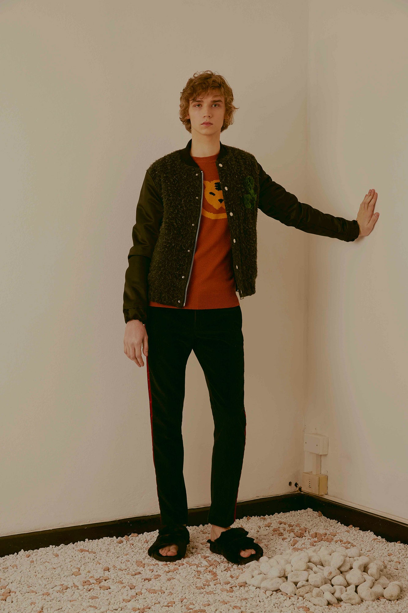 black jacket red sweater outfit
