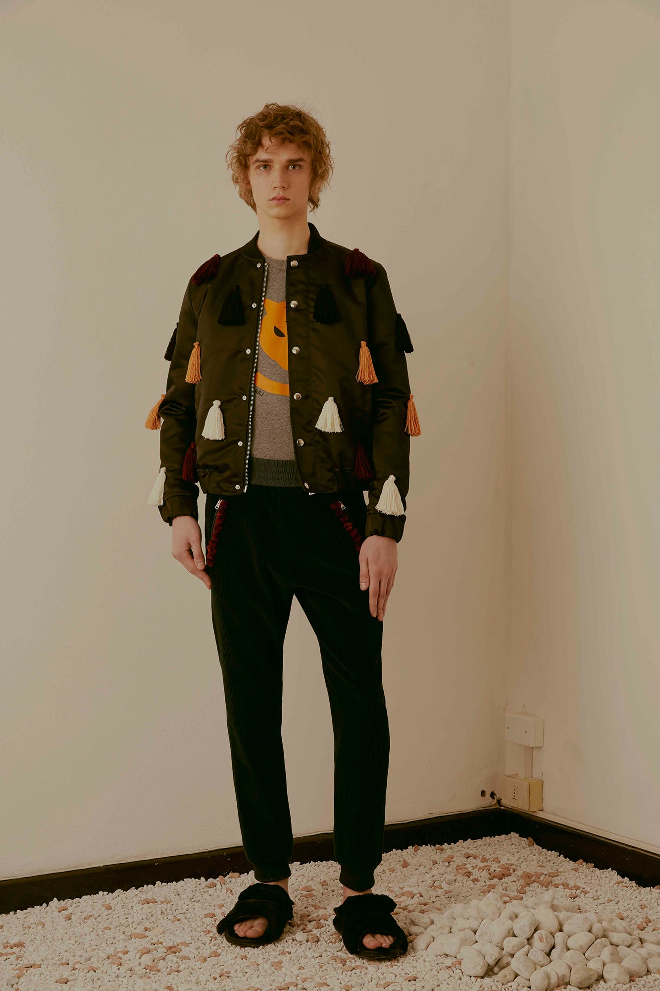 green cotton long-sleeve collared relaxed fringed jacket