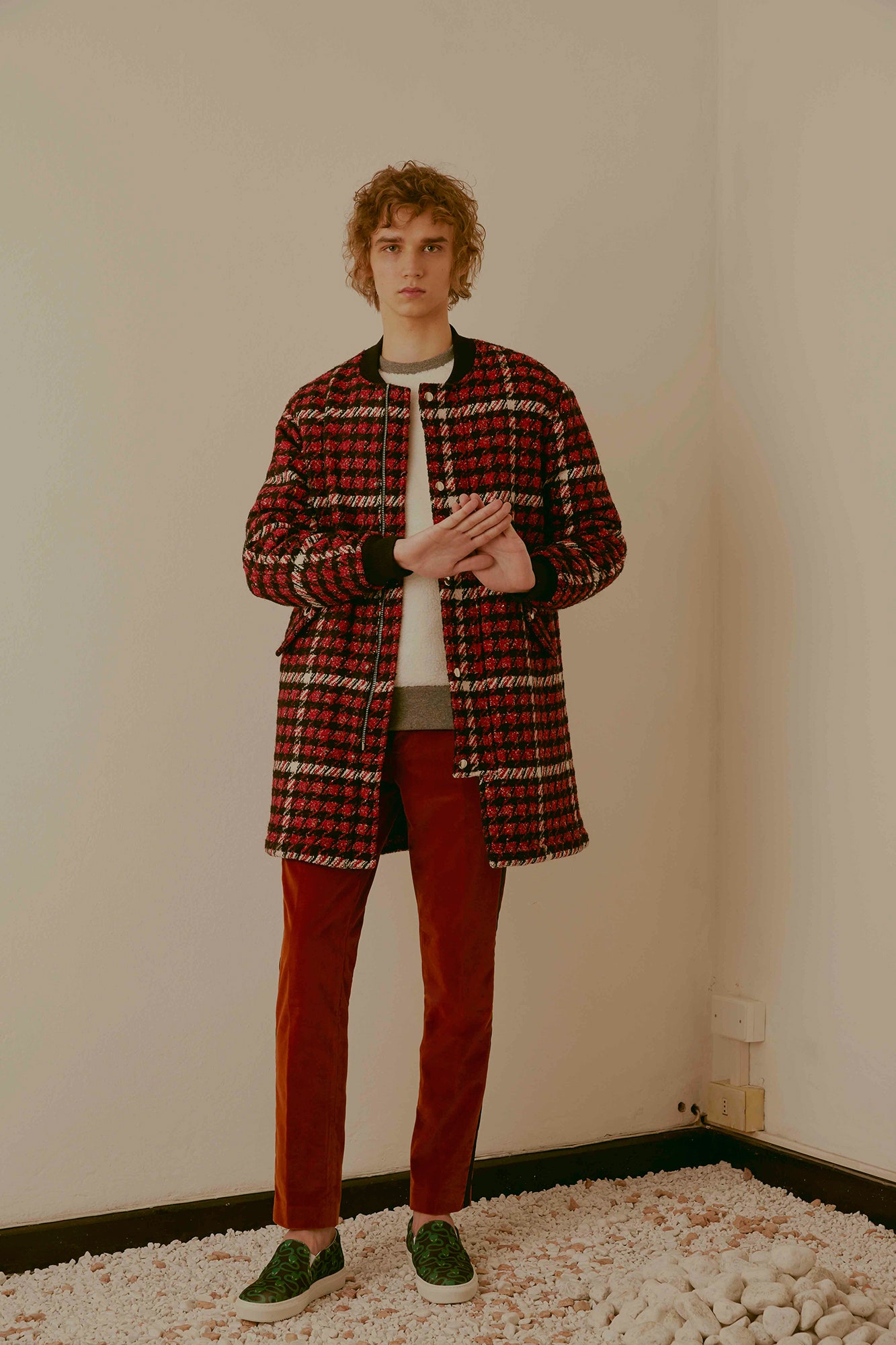 red checked jacket with gray sweater
