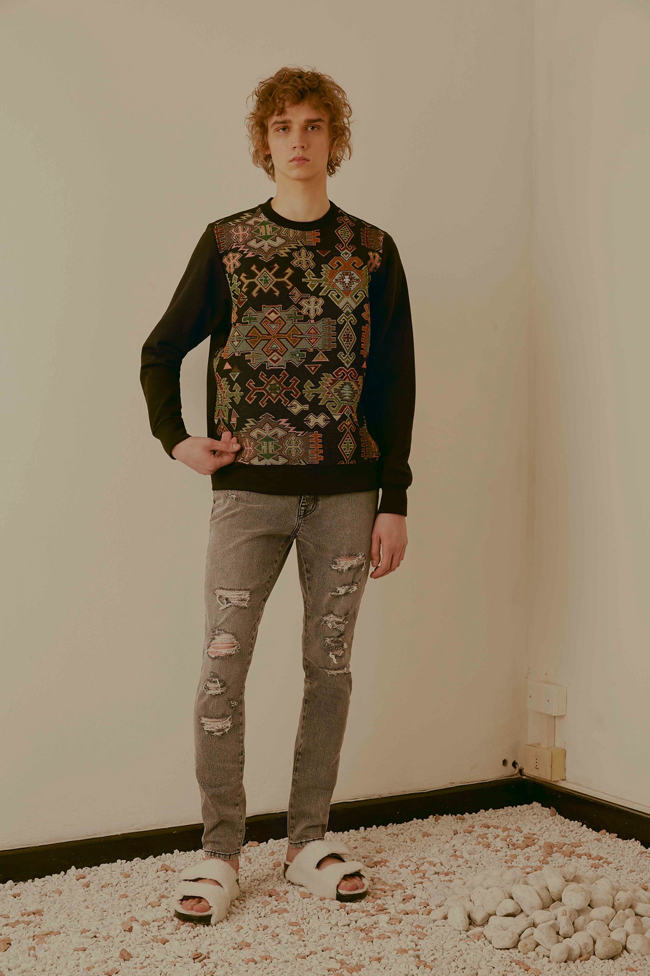 gray denim slim straight-leg distressed jeans