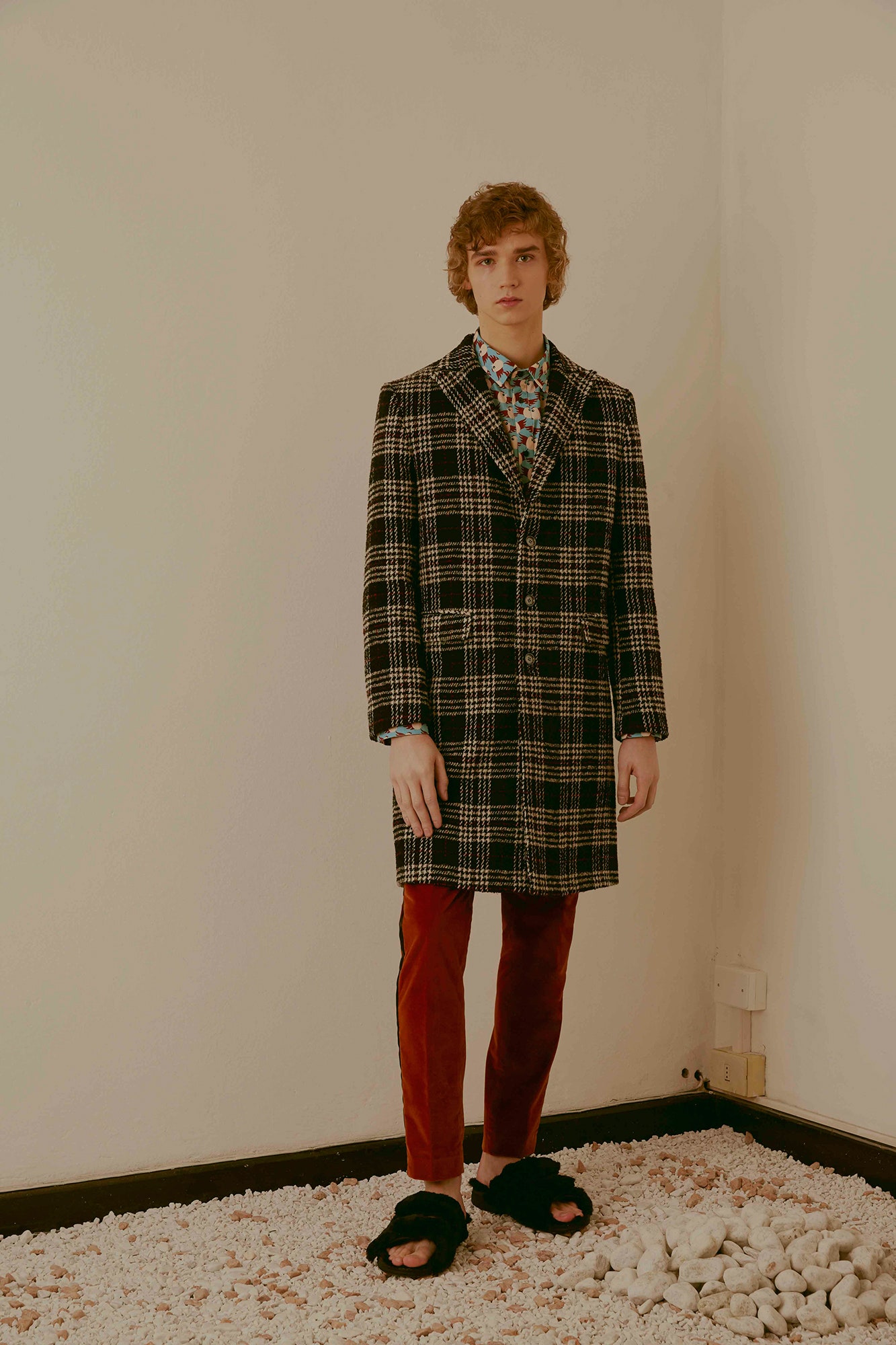 tailored checked coat with red pants