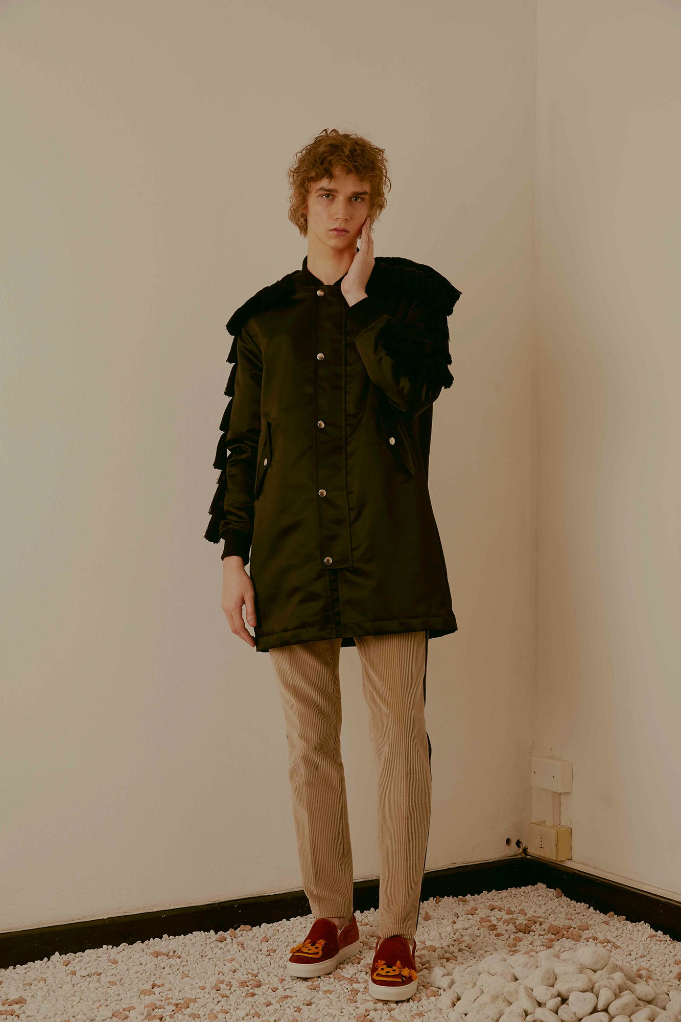 black silk long-sleeve collared relaxed layered coat