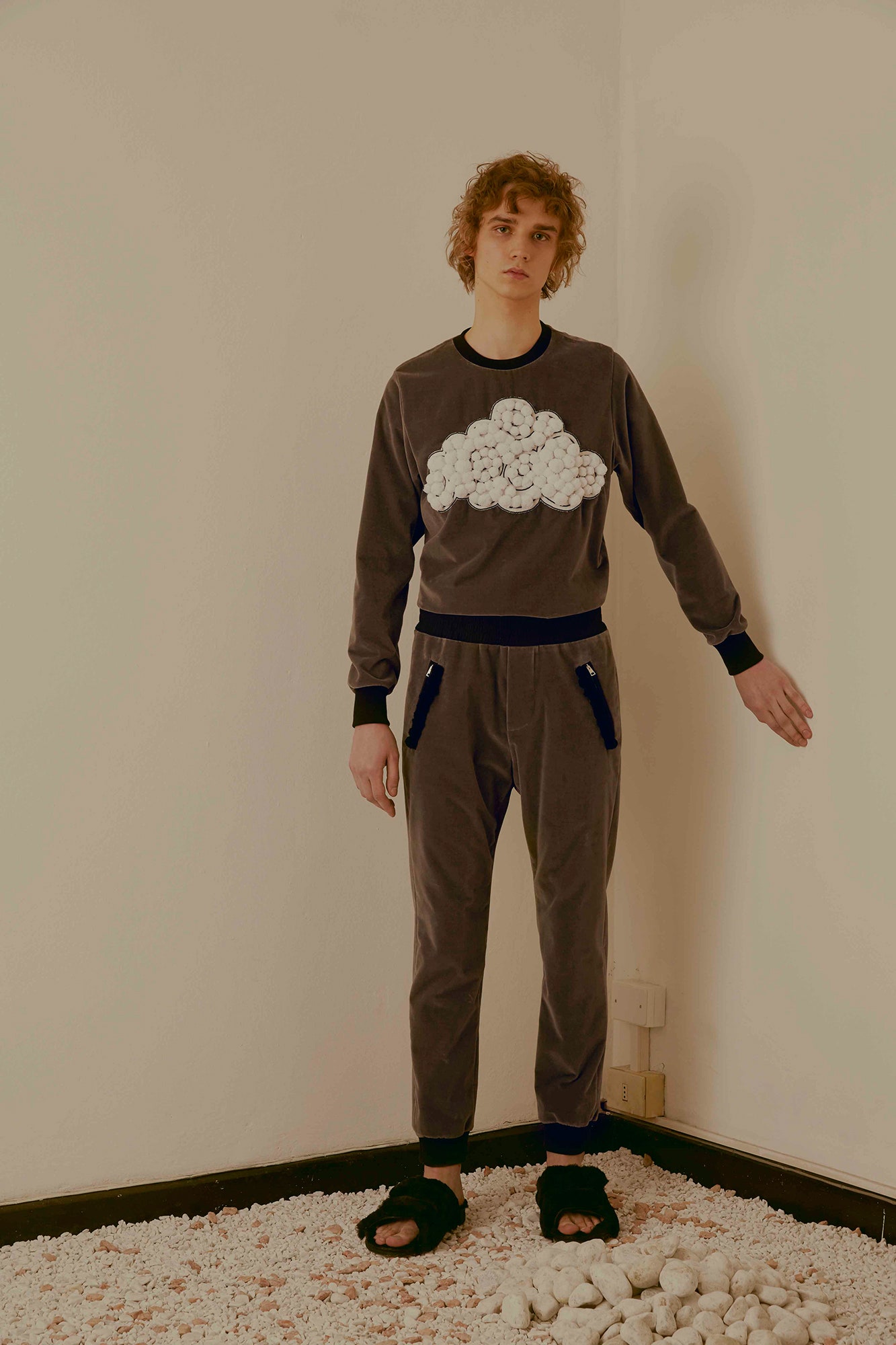 gray cotton long-sleeve collared relaxed embellished sweater