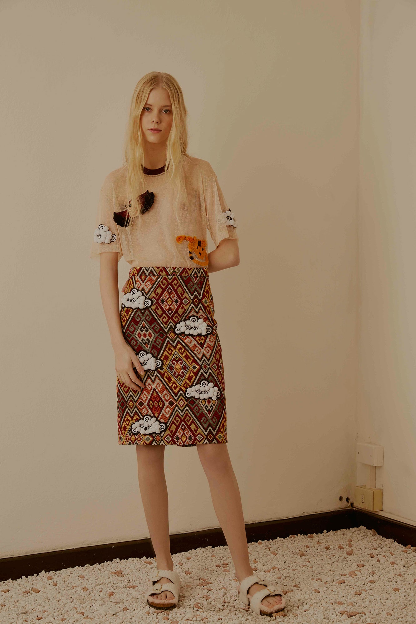 multi cotton fitted pencil short skirt