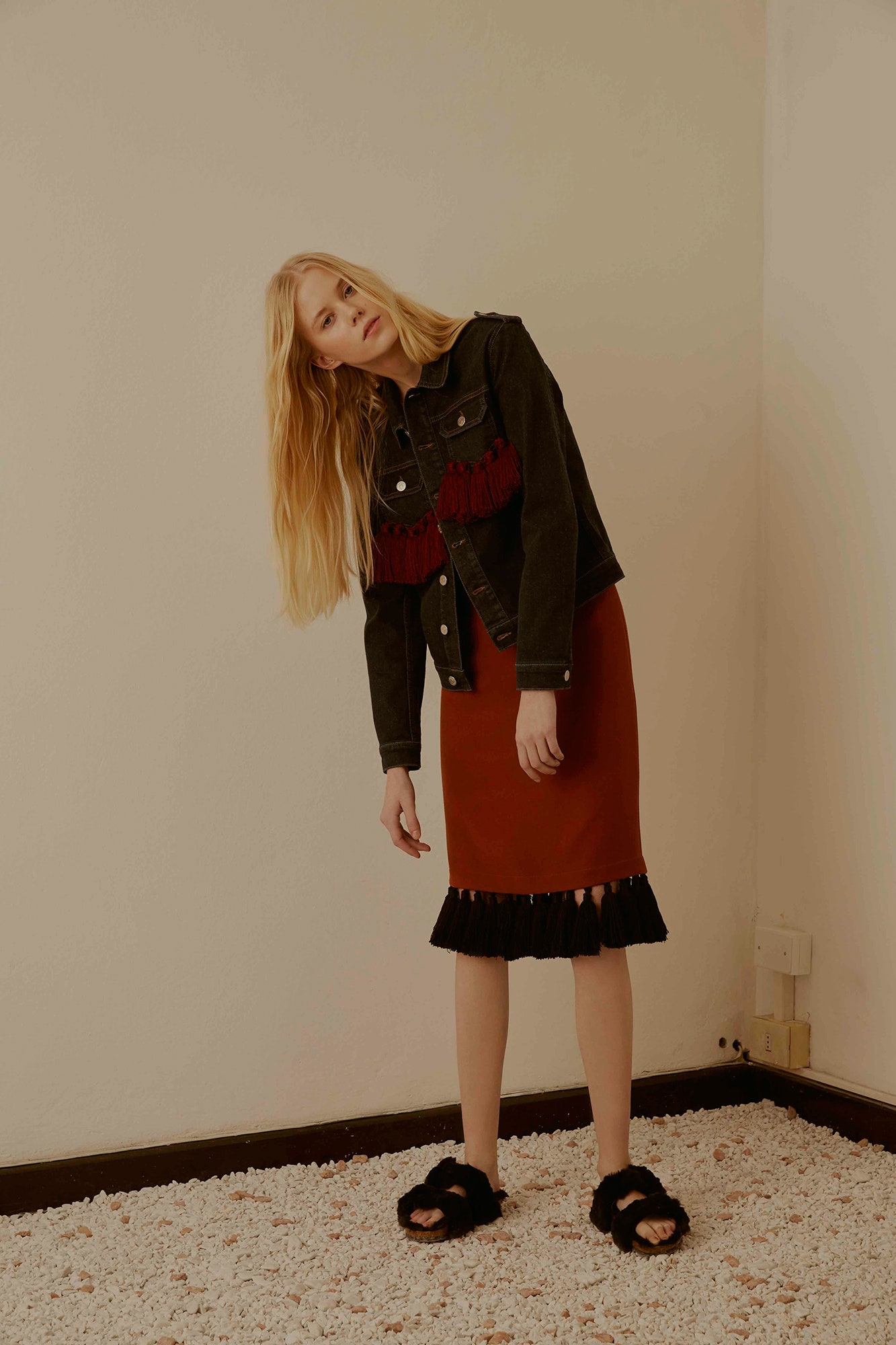 black denim jacket red pencil skirt
