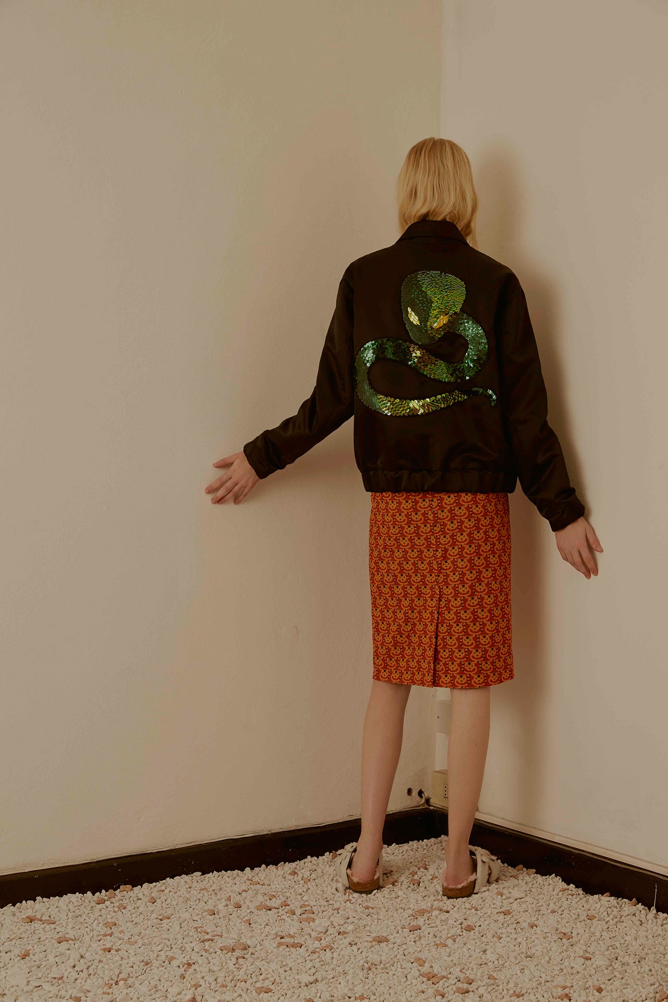 black satin long-sleeve collared relaxed zippered embellished jacket