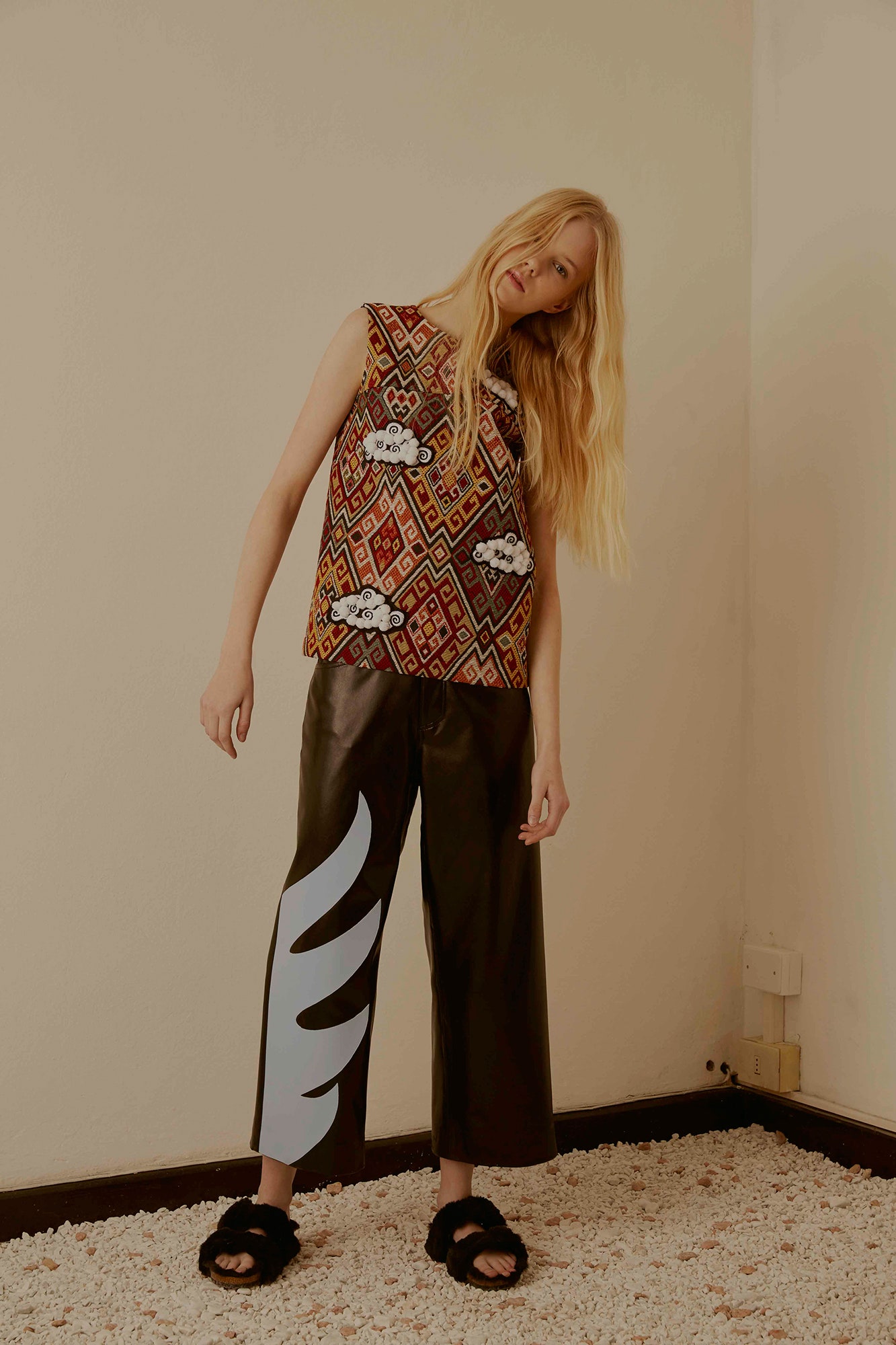 printed sleeveless top with wide-leg pants