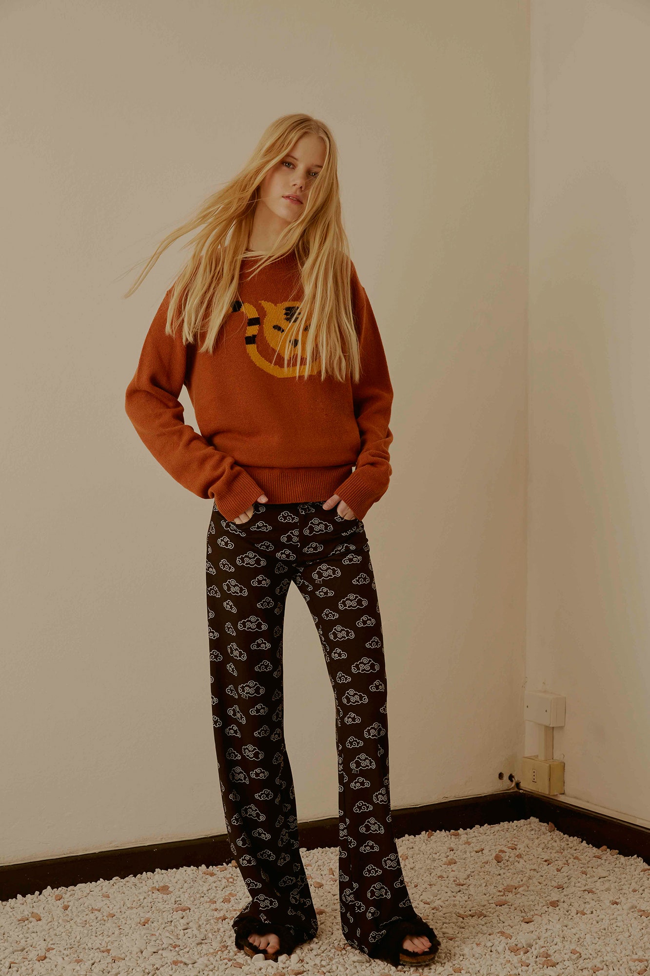 brown cotton fitted flared printed pants