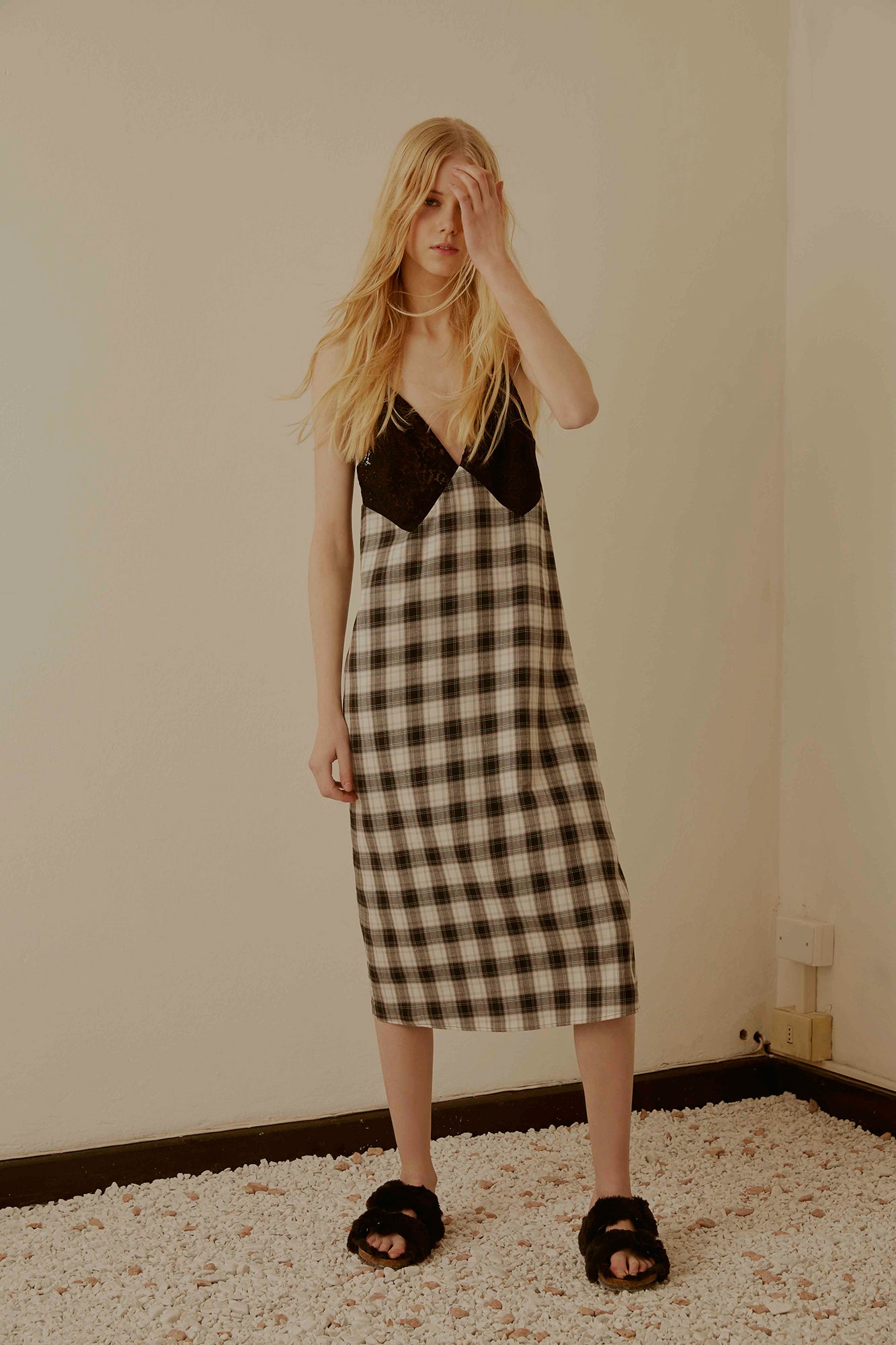 black and white checked midi dress