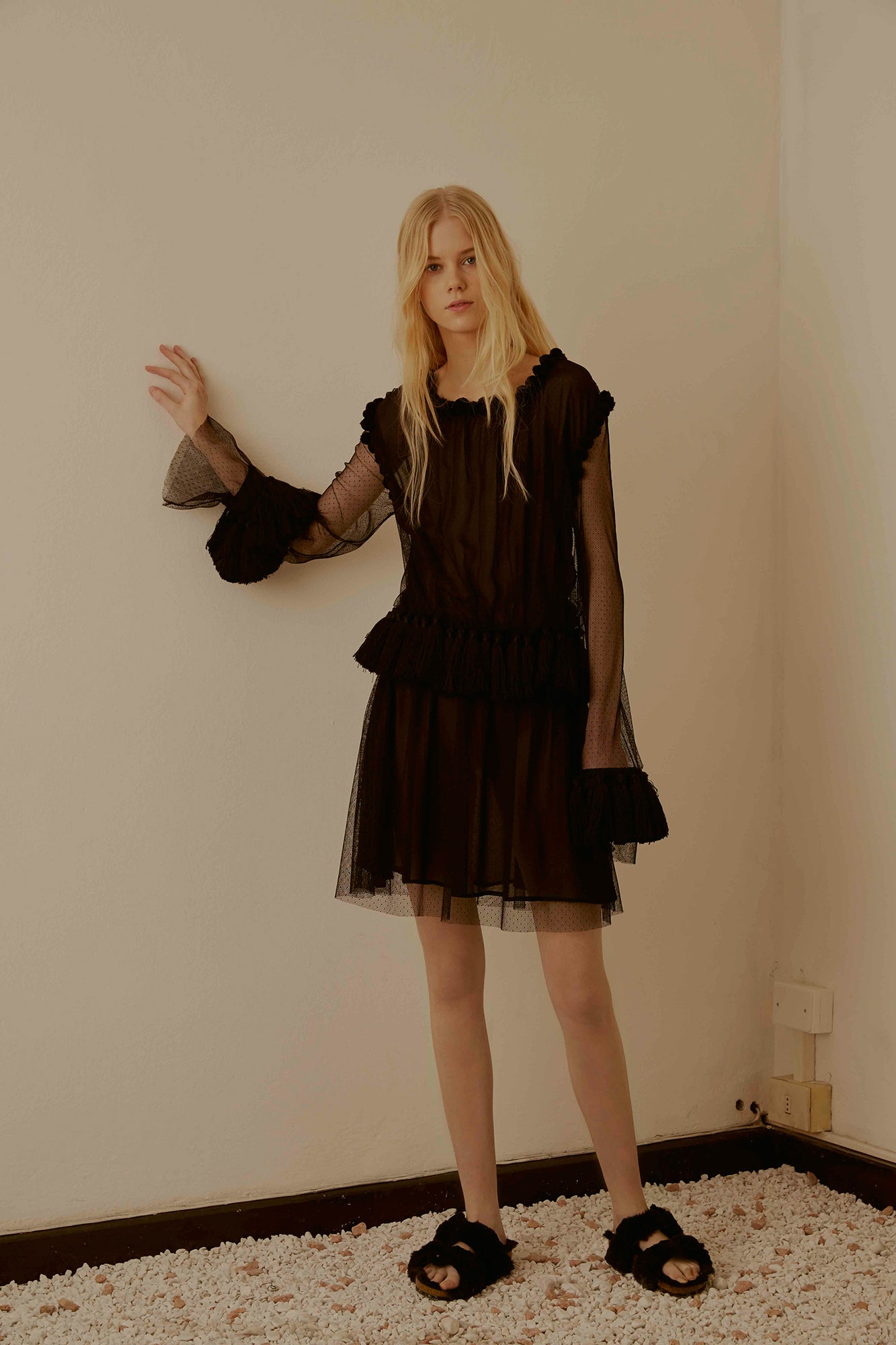 black sheer ruffled mini dress