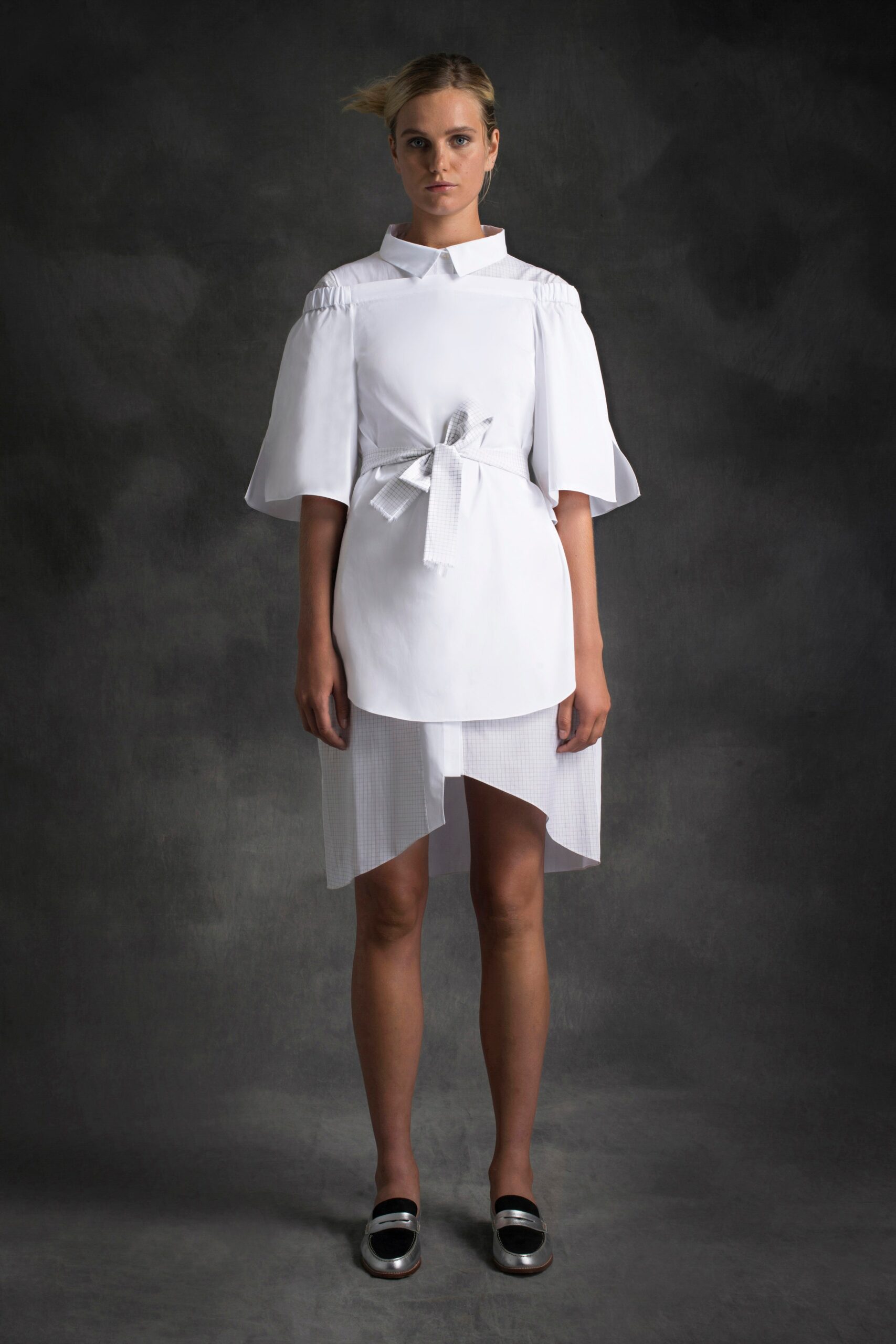 white belted asymmetric dress
