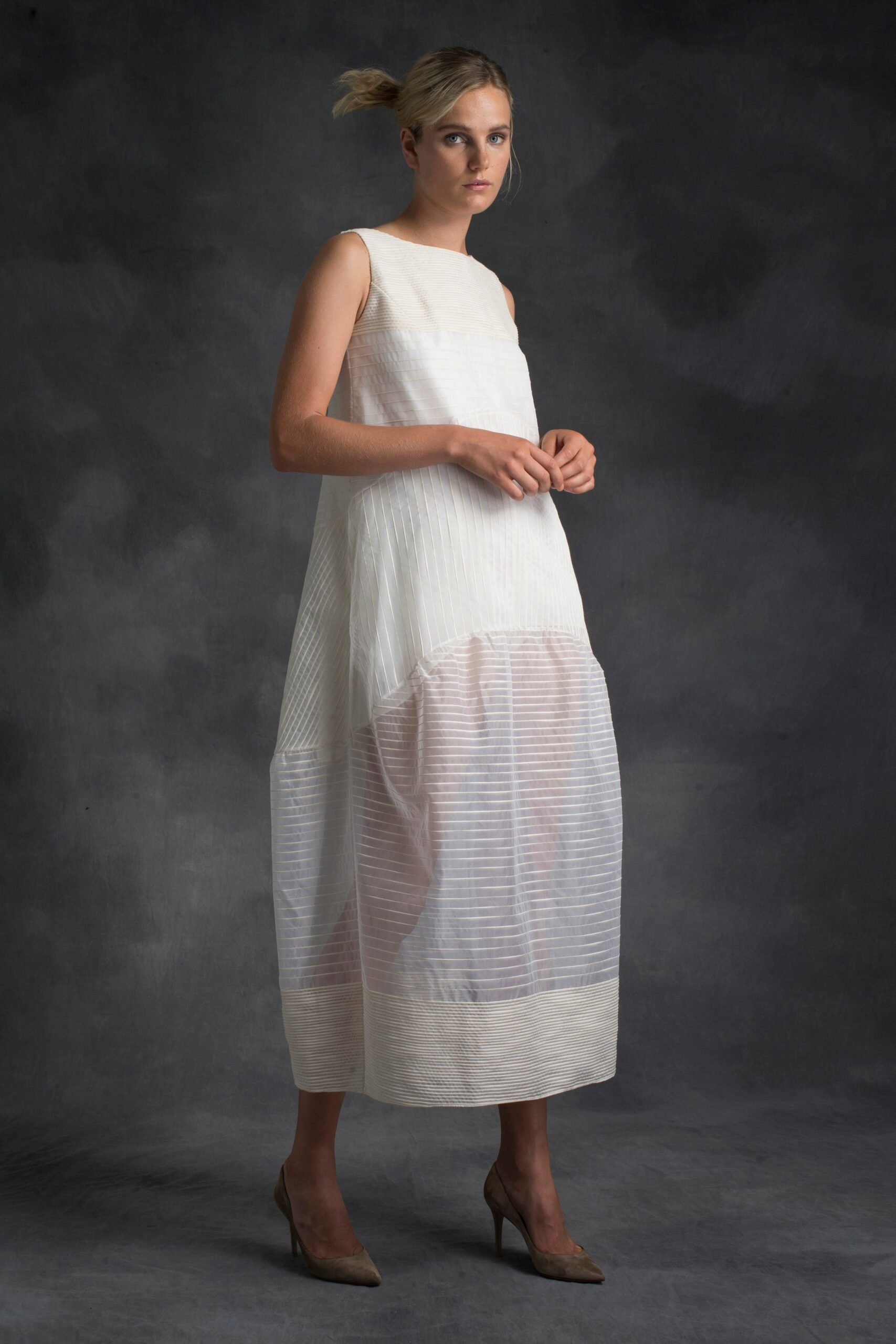 white pleated midi dress